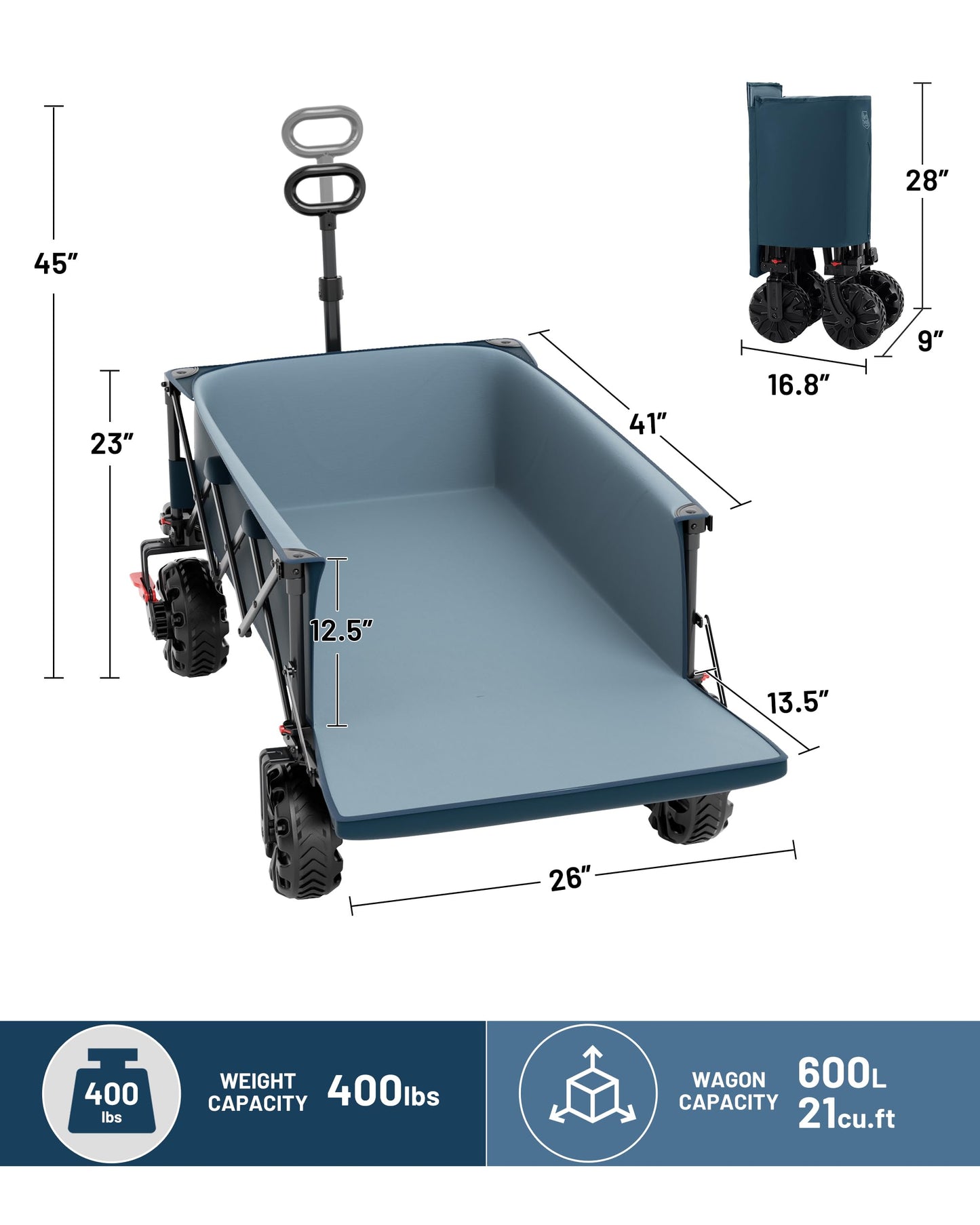 TIMBER RIDGE 600L Beast Wagon 26" W Extra Wide All Terrain Folding w/Big Wheels, Cargo Net & Tailgate, 26" W and 55.25" L, 400lbs Heavy Duty Collapsible Portable Cart for Camping, Sports, Dogs, Blue