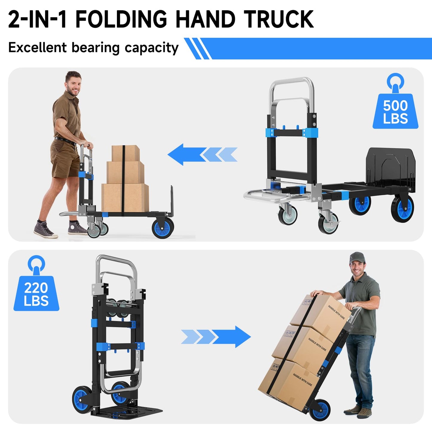 2026 New 3-in-1 Folding Hand Truck & Dolly Cart, 600LB Capacity, Converts to 2-Wheel Upright Dolly with Extendable Handle & Front Brake Wheel - Ideal for Household Moving, Relocation & Transport
