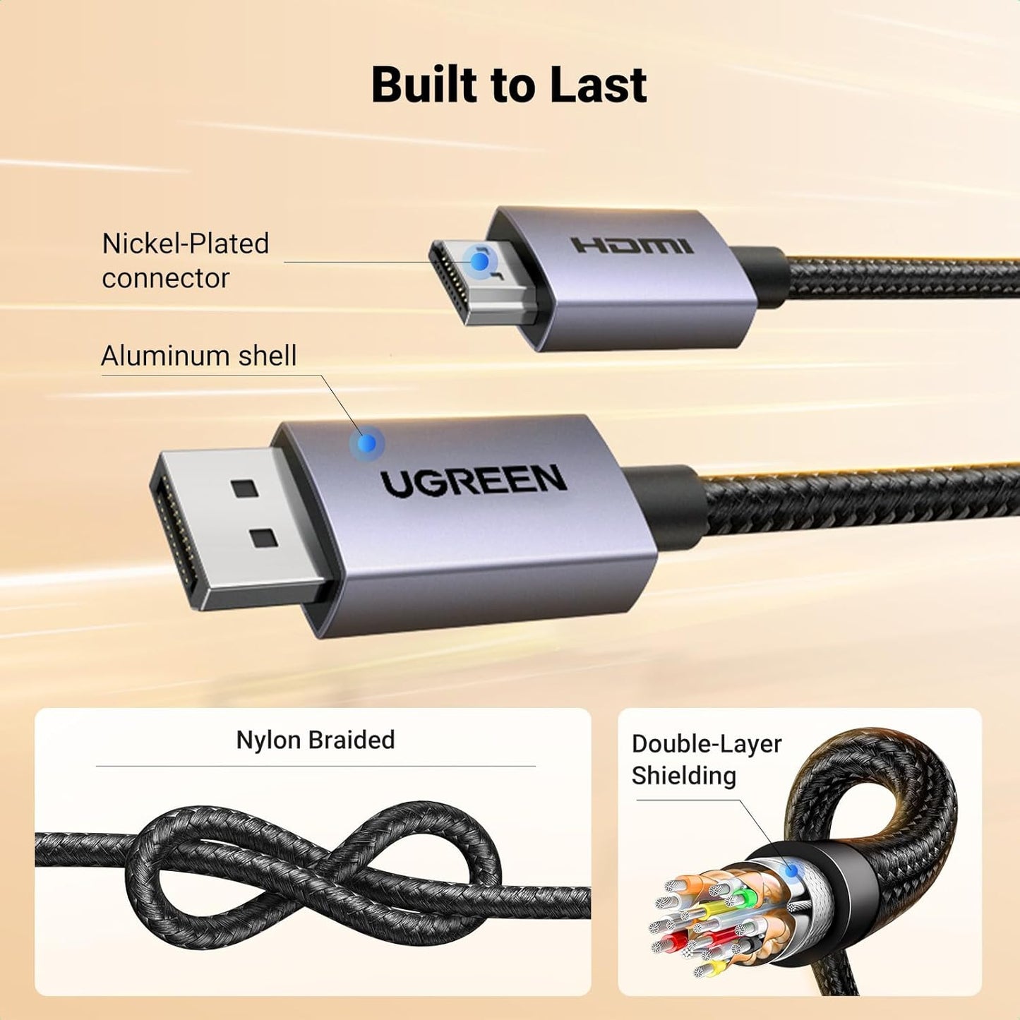 4K 1080P@120Hz, 1.2 1.4 6.6FT UGREEN DisplayPort to HDMI Cable Active DP to HDMI Cord Alu Braided, Unidirectional Cable