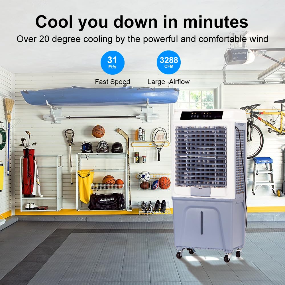 Uthfy Evaporative Air Cooler,3880CFM Swamp Cooler With 10.6 Gal Tank, 43" Portable Evaporative Cooler With Remote,12H Timer,4 Ice Pack,Oscillation,3 Speeds,3 In 1 Cooling Fan for Garage,Patio,Basement