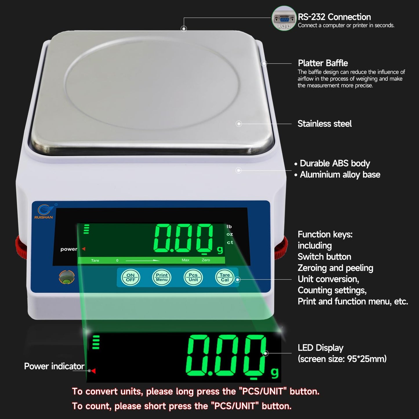 RUISHAN Lab Scale 5000gx0.01g High Precision Scientific Electronic Digital Laboratory Lab Weight Analytical Balance Scale .01g Accuracy Jewelry Pharmacy Chemistry Industria Calibrated Gram Scale
