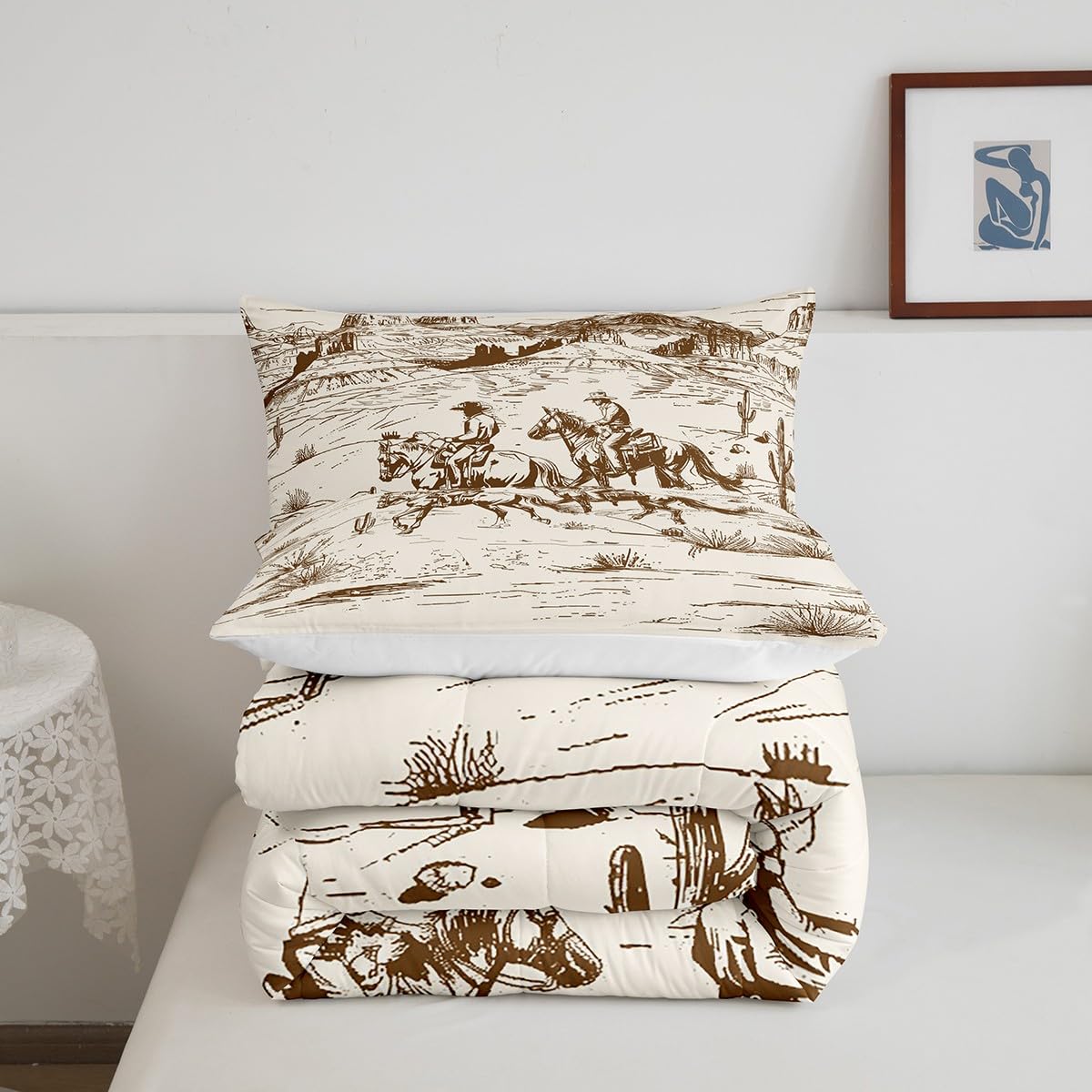 Erosebridal Cowboy Comforter Set Western Bedding Twin Size Wild West American Desert Hand Drawn Illustration Room Decor Down for Teens Boys Adults Men Girls Rustic Farmhouse Duvet Insert