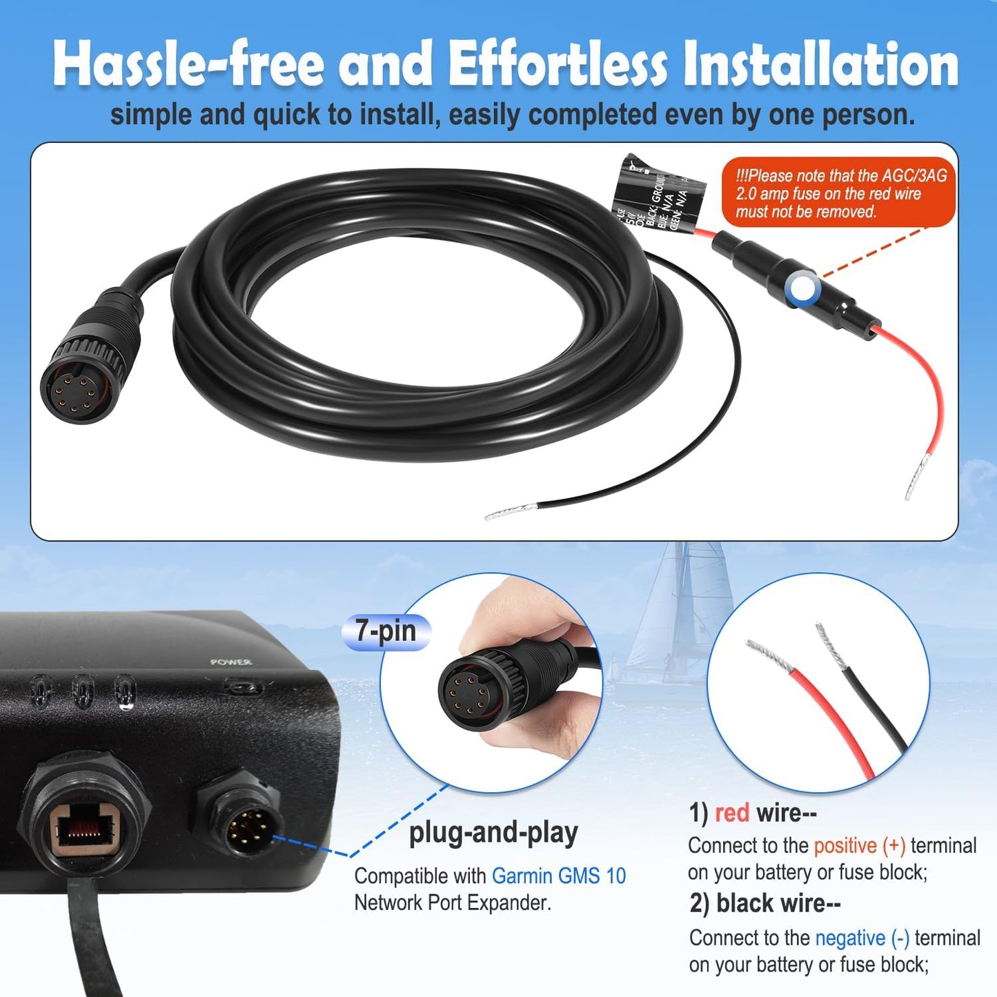 johntruck 010-10553-00 7-Pin 10 Power Cable, Power Cord Fit for Garmin GMS Network Port Expander, Waterproof/Stable