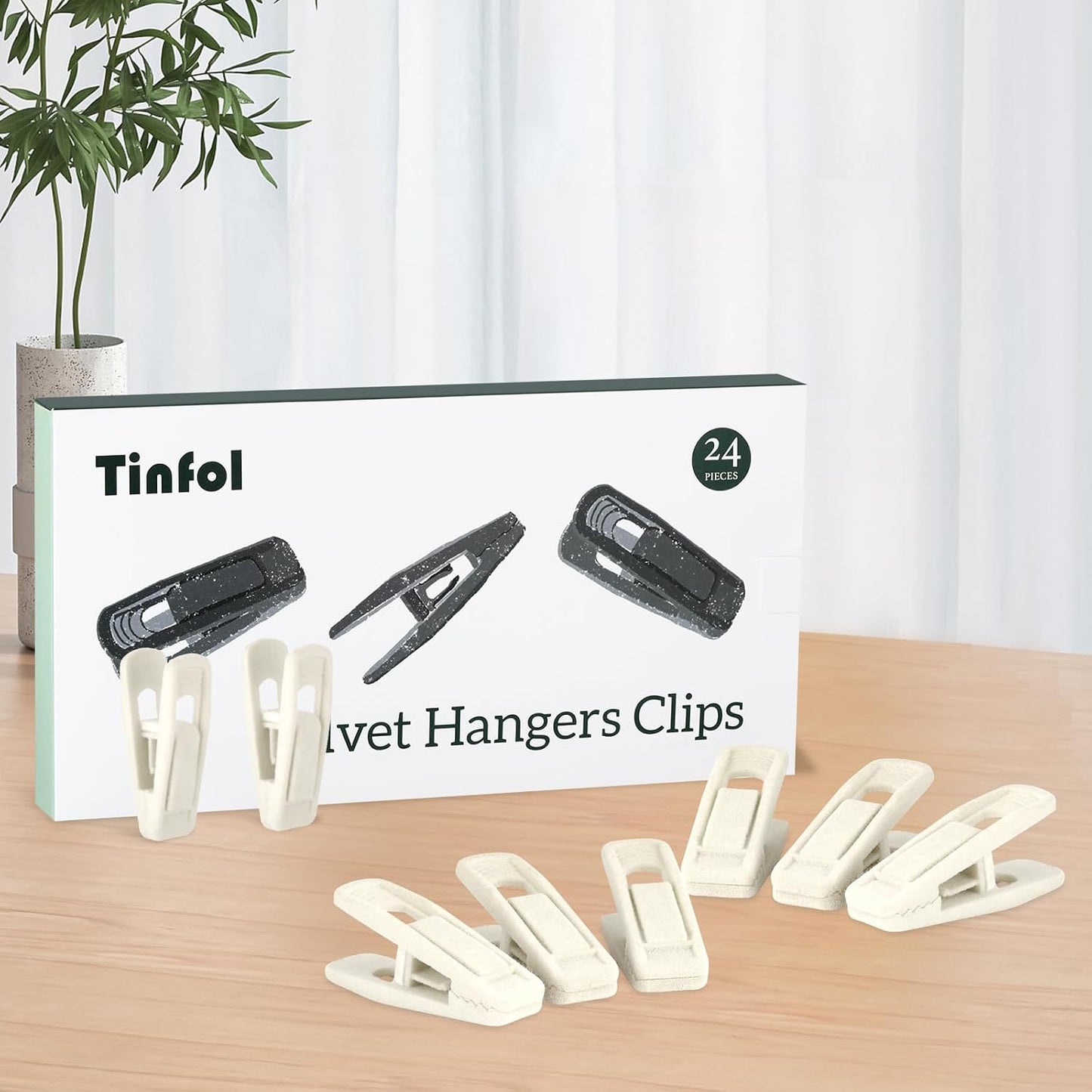 Tinfol Ivory Velvet Hanger Clips - 24 Pack Large Opening Clips for Slim-Line Clothes Hangers