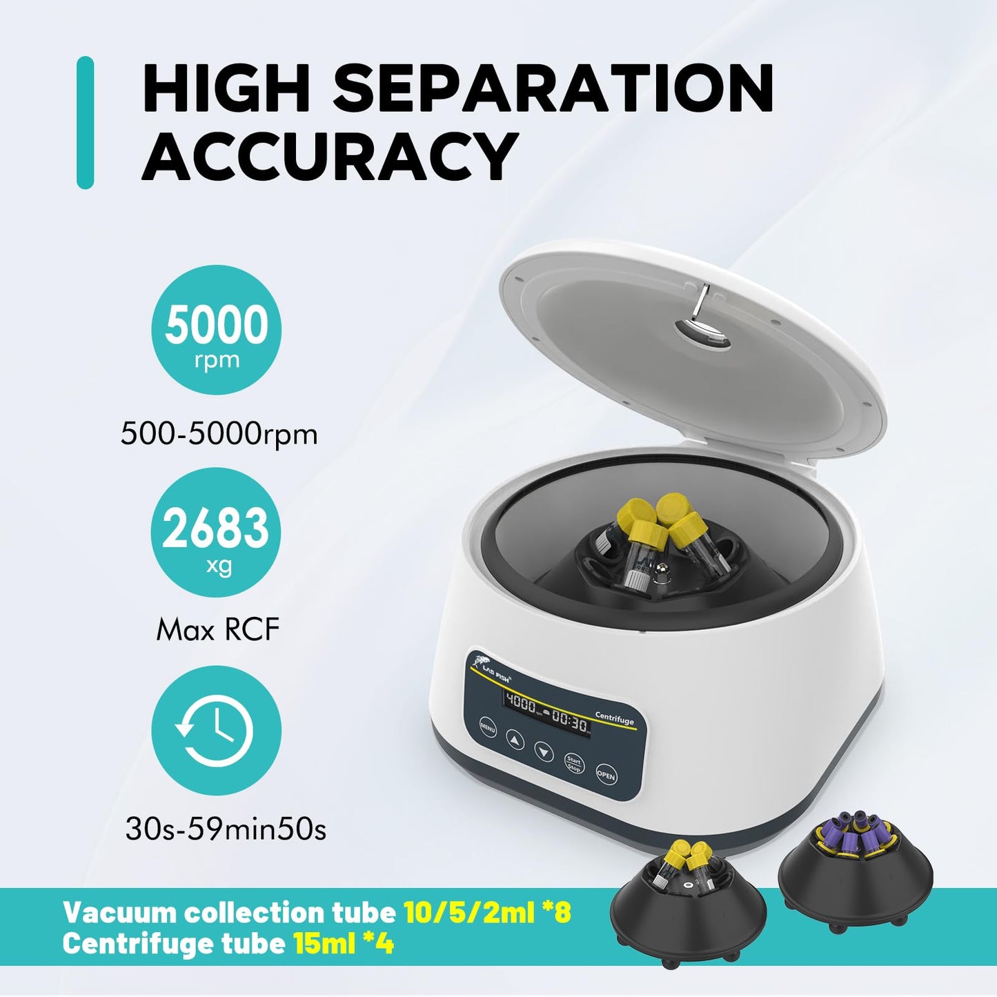 LAB FISH Centrifuge Machine LC-400PRO 2ml/5ml/10ml/15ml Lab Test Tubes | Low Speed Control 500-5000RPM,Max 2683xg | Timer Function 30sec-59min