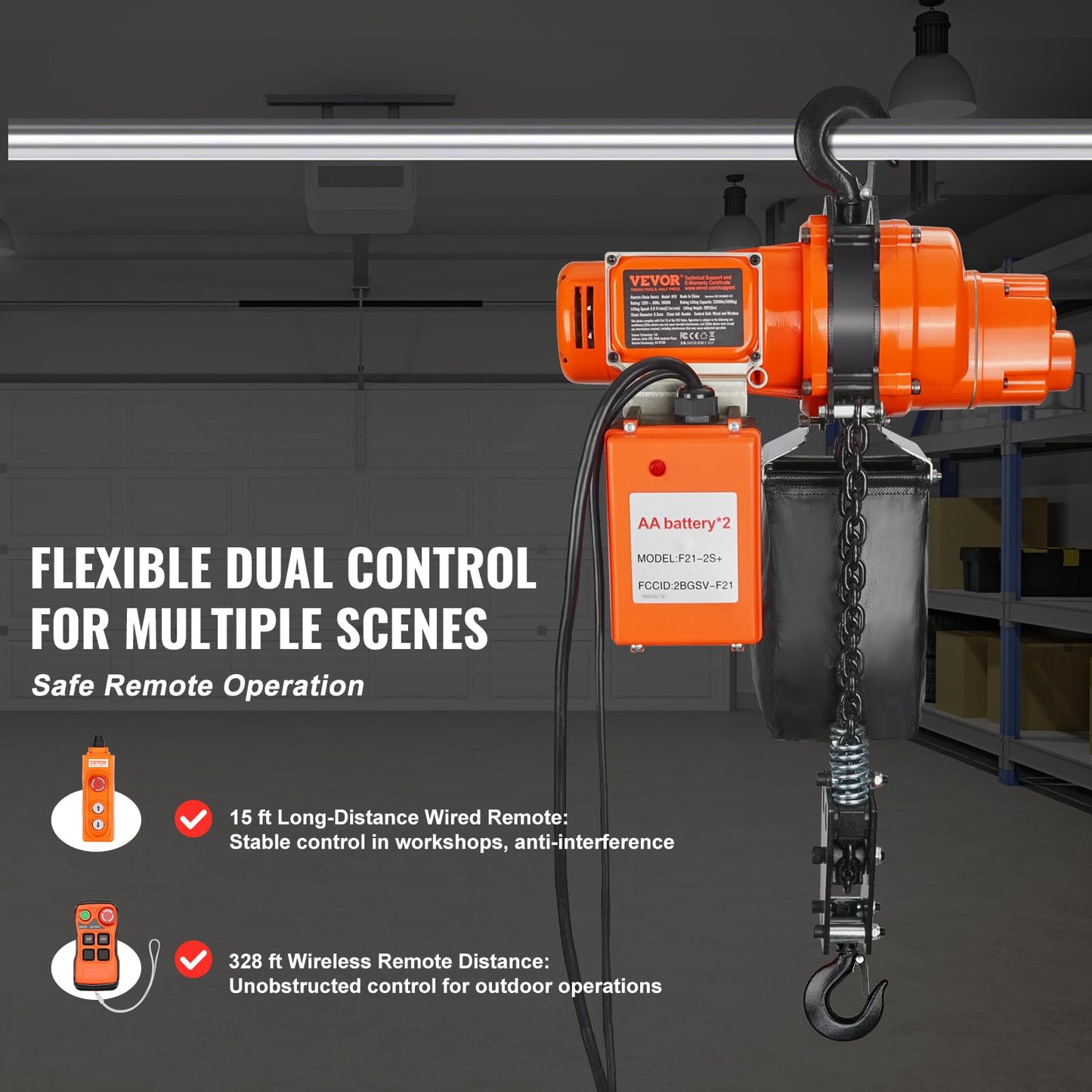 VEVOR Electric Chain Hoist, 2200 lbs Load, 20 ft Lifting Height, 120V, Single Phase Overhead Crane with Chain, 328 ft Wireless & 15 ft Wired Remote Control for Garage, Shop, and Home