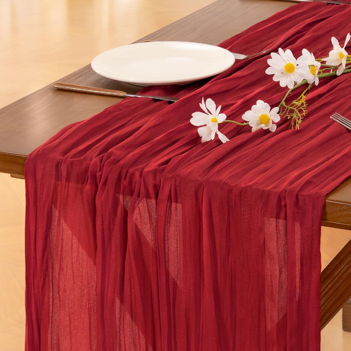 Socomi Cheesecloth Table Runner - 3pcs Red Boho Rustic Design | 120 Inch for Weddings & Events
