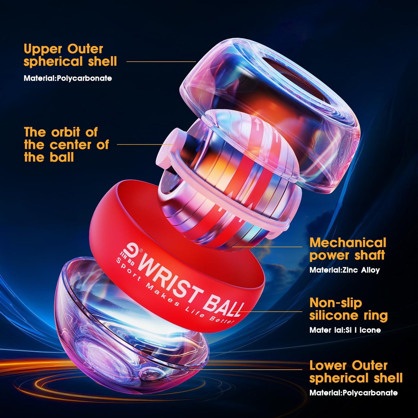 JIN BD Auto-Start Gyro Ball Wrist Trainer, Gyroscopic Forearm Exerciser for Strengthening Arms, Fingers and Muscles (Light Red Transparent with Colorful Lights)