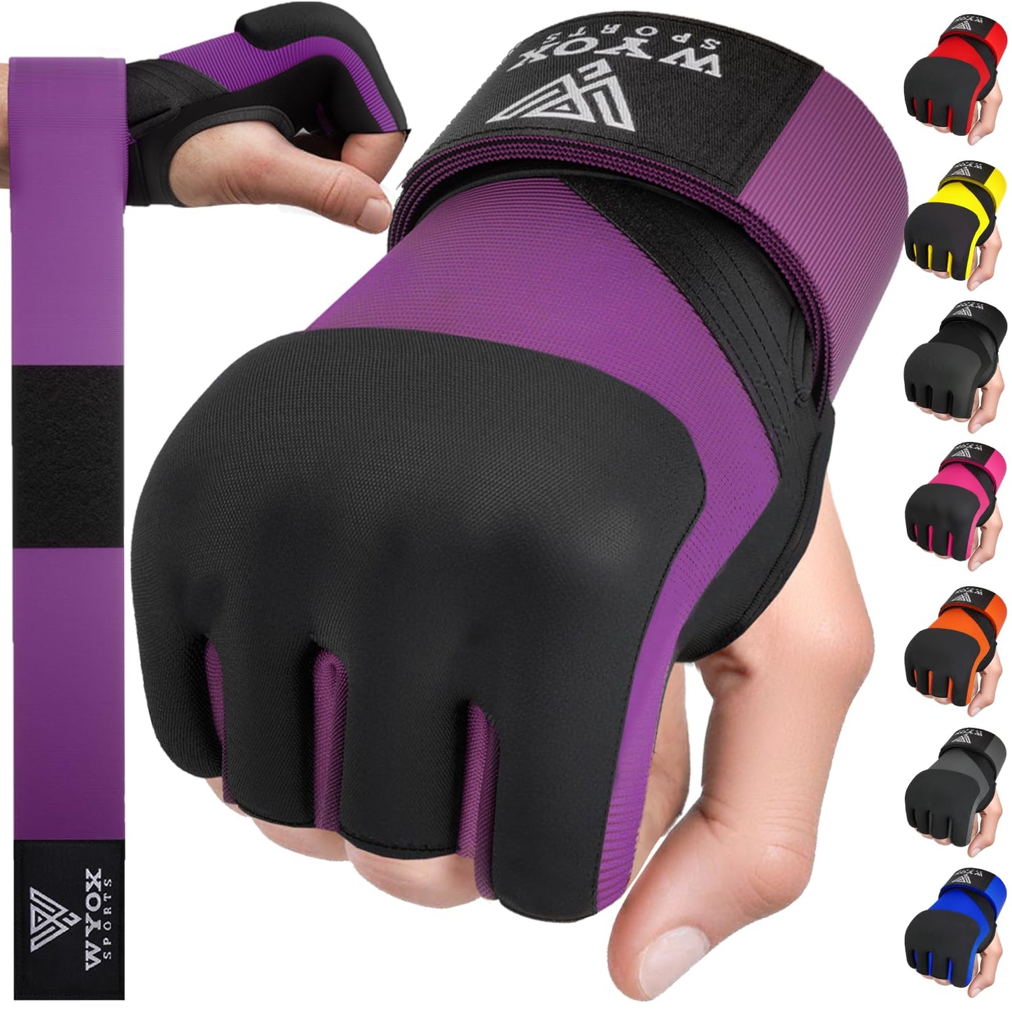 WYOX Gel Boxing Hand Wraps Inner Gloves for Men & Women, 80cm Quick Wrist Straps, Padded Knuckle Protection for Muay Thai Kickboxing, Hand Wraps for Boxing & Martial Arts (Purple, S/M)