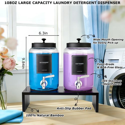 Glass Laundry Detergent Dispenser with Bamboo Shelf, 108oz Liquid Dispensers with Stainless Steel Tap, Large Reusable Softener Soap Containers with Stand for Washer Room Organization