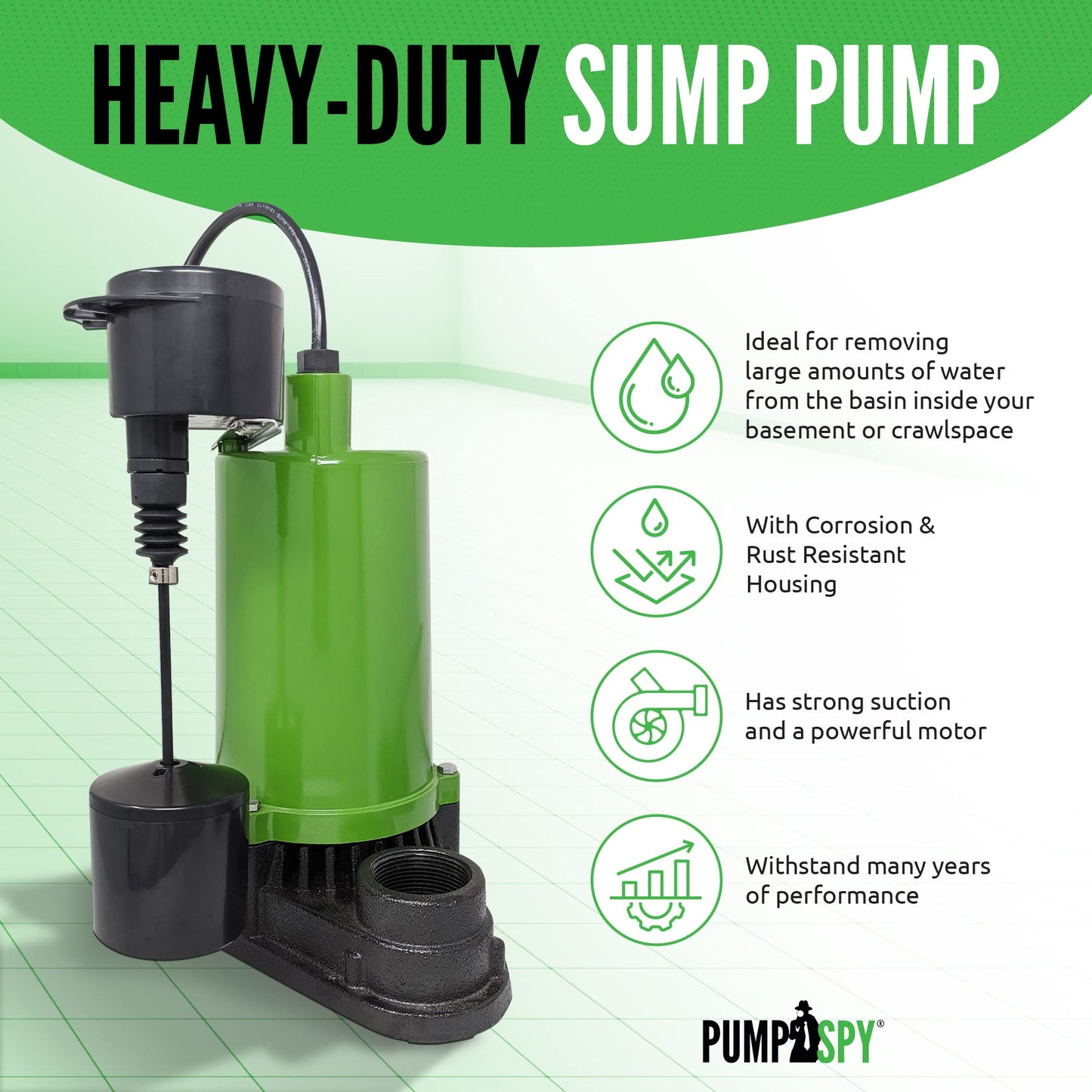 PumpSpy Sump Pump 1/2 HP - Submersible Pump, Water Removal for Basement, Crawl Space Sump Pump Kit, Iron Cast, Strong Suction at 4320 GPH, 10 Lift, 7 Amp Motor with Corrosion & Rust Resistant Housing