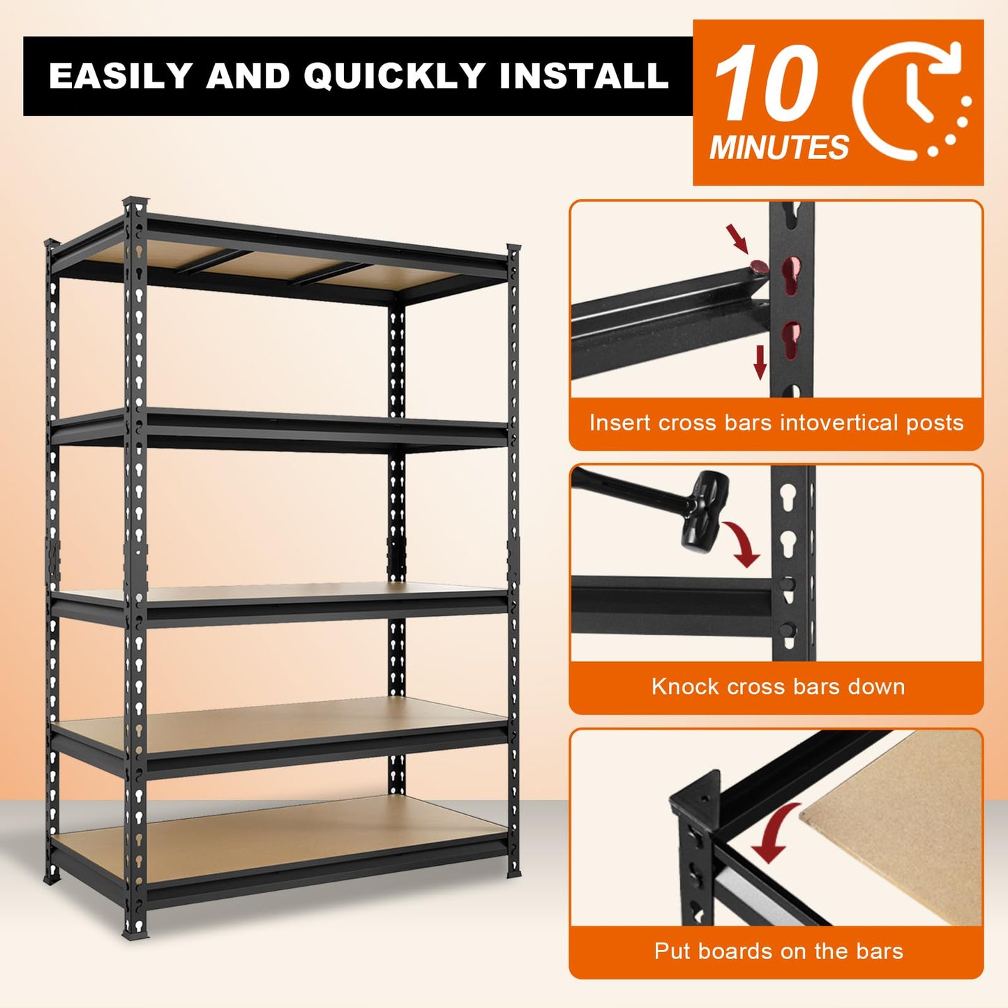Big RED Storage Shelving Unit, 5-Tier Adjustable Storage Shelves, Heavy Duty Metal Garage Shelves/Utility Rack for Kitchen, Pantry, Basement- 3,000lb Capacity, Black, 72" H x 48" W x 24" D