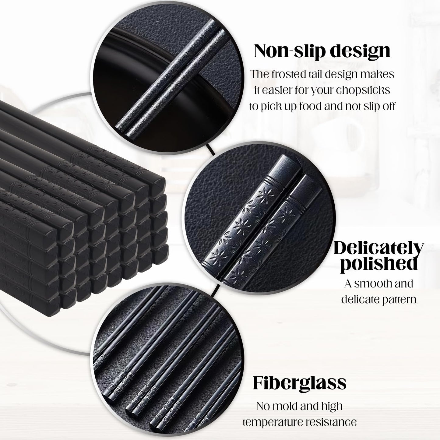 50 Pairs Fiberglass Chopsticks, Reusable Chopsticks Non-Slip Chopstick Dishwasher Safe Chopstick,Black Cherry Blossom Chopsticks for Japanese & Chinese Style Cooking (9.5")