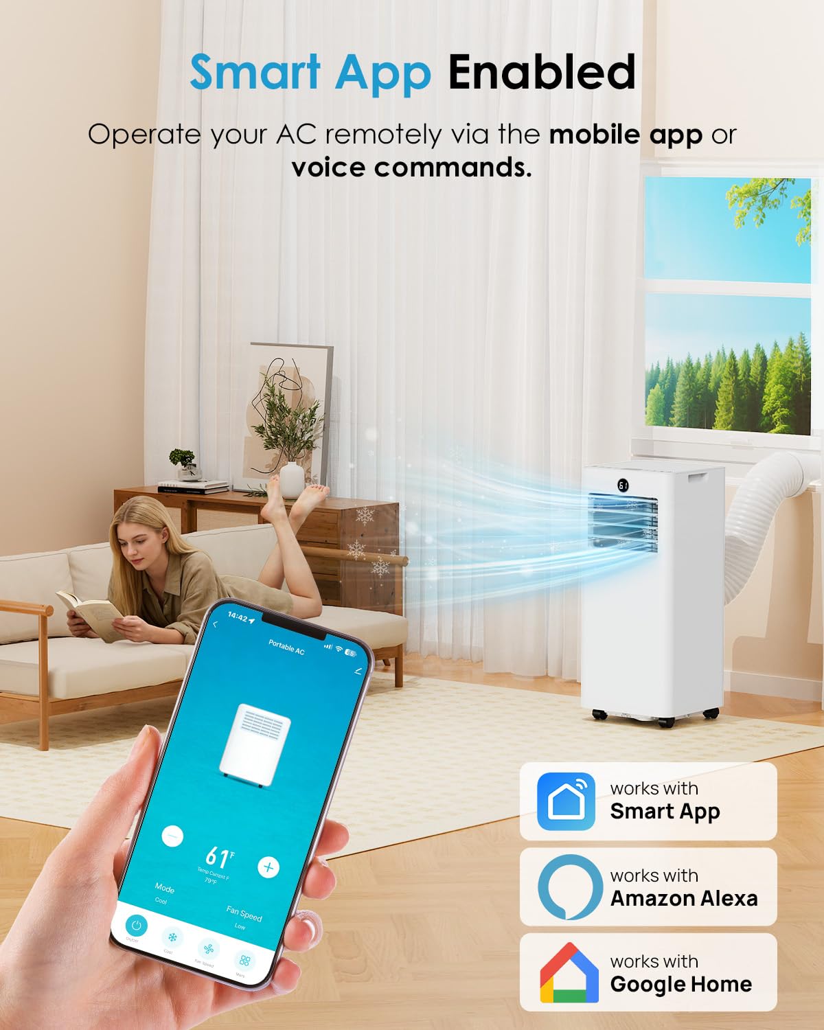 Portable Air Conditioners 8000 BTU, Quiet Air Conditioner with WiFi/App Control, 24H Timer, Dehumidifier, Fan, Cooling, Sleep Modes 4-in-1 AC Unit for Room with Window Kit, for Bedroom/Office, White