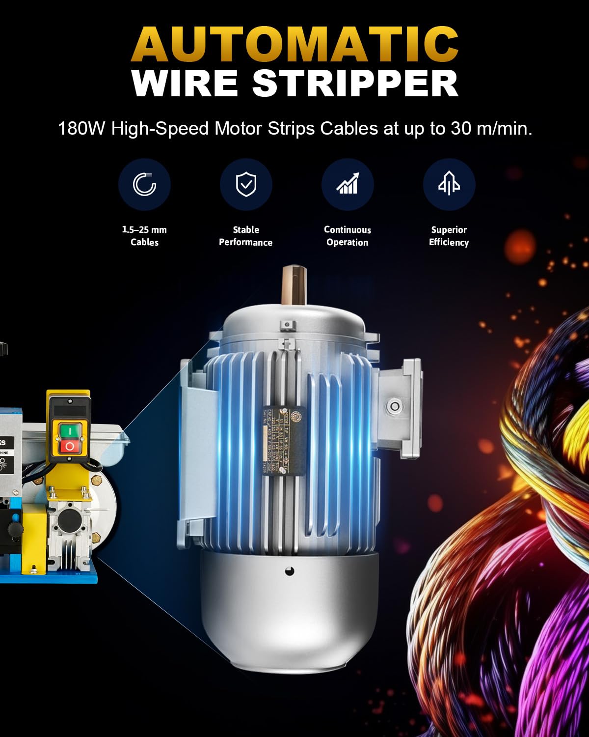 CREWORKS Automatic Wire Stripping Machine for 0.06"-1" Copper Wires, Wire Stripper Tool for 7/0-15 AWG Scrap Electrical Wire Recycling, Copper Wire Strippier Machine with Replacement Blade