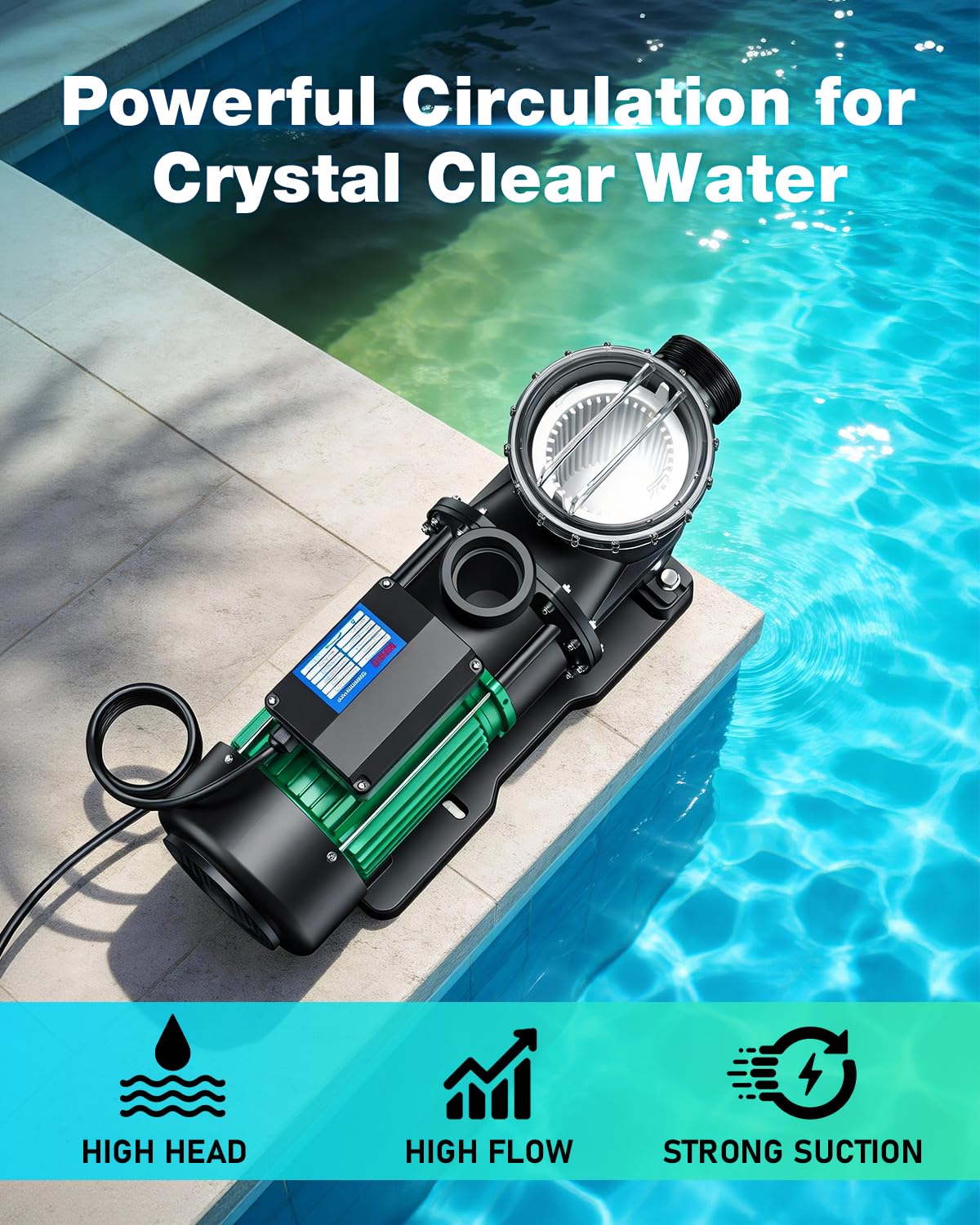 MENIIO 2 HP Swimming Pool Pump, 6980 GPH High Flow, 39.3 FT Max Head, 110V/60Hz IPX68 Waterproof, Inground & Above Ground Pool Water Circulation Pump