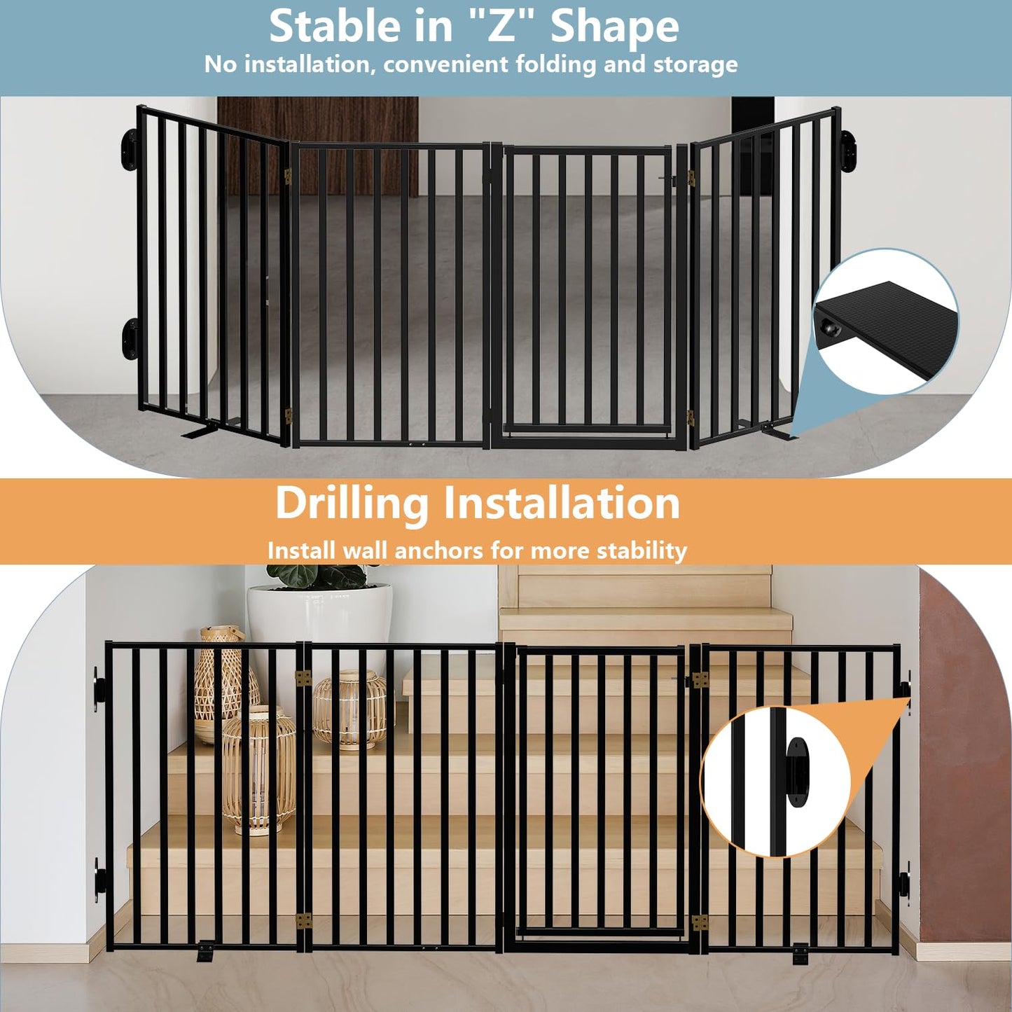 Lezbanz Full Metal Freestanding Dog Gates with Door, 32" Height Dog Fences for Indoor & Outdoor, Extra Wide Foldable Pet Gates for Stairs, Hallways, Doorways, Yard (4 Panels, 80" W × 32" H)