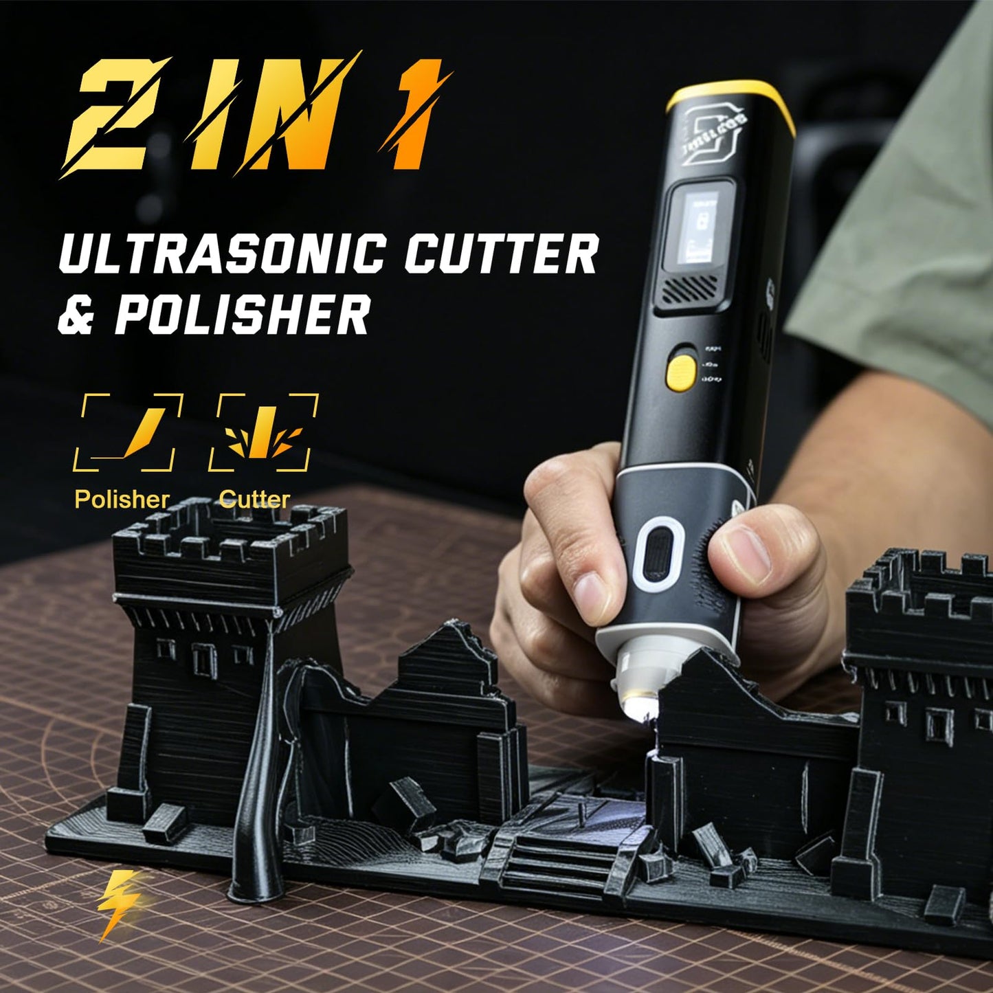 2-in-1 wireless ultrasonic cutter, 40kHz, 30W high power, 1000mAh battery, with AC adapter and USB cable. Features cooling system, smart start-stop and LCD display, can cut a variety of materials.