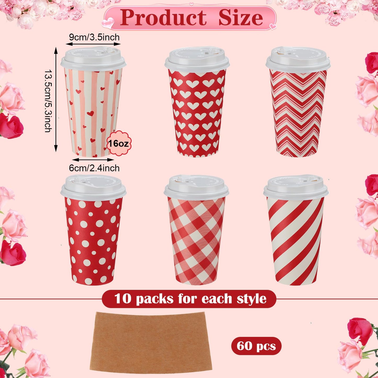Sosation 180pcs/60 Set Valentine‘s Day Coffee Paper Cups with Lids and Sleeves 16 oz Disposable Hot Cocoa Cups Valentines Pink Paper Beverage Tumbler for Hot Chocolate Coffee Bar Accessories, 6 Styles