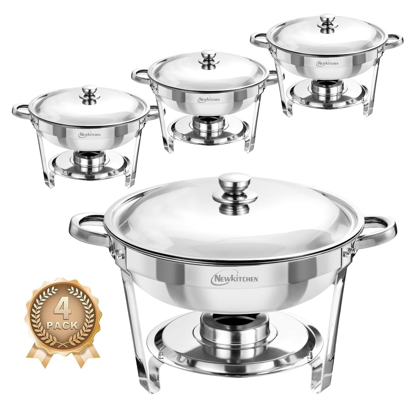 NEWKITCHEN Chafing Dishes for Buffet 4 Pack, 5 QT Round Chafing Dishes for Buffet [Elegant Silver Colors] Stainless Steel Chafing Dish Buffet Set for Any Party