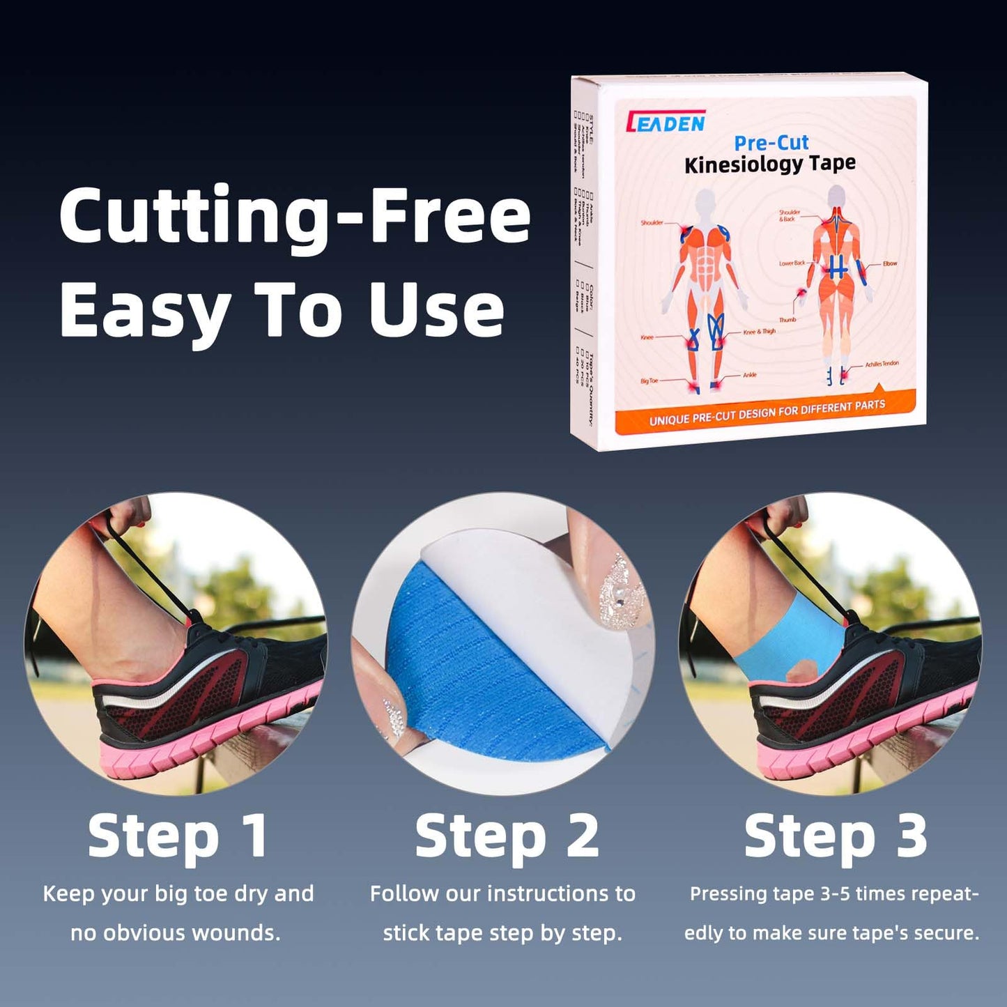 IEADEN Precut Kinesiology Tape for Ankle, 20 Pcs - Ankle Support & Stability, Ankle Pain Relief - Waterproof & Elastic, Breathable Hypoallergenic Latex-Free Tape, Blue