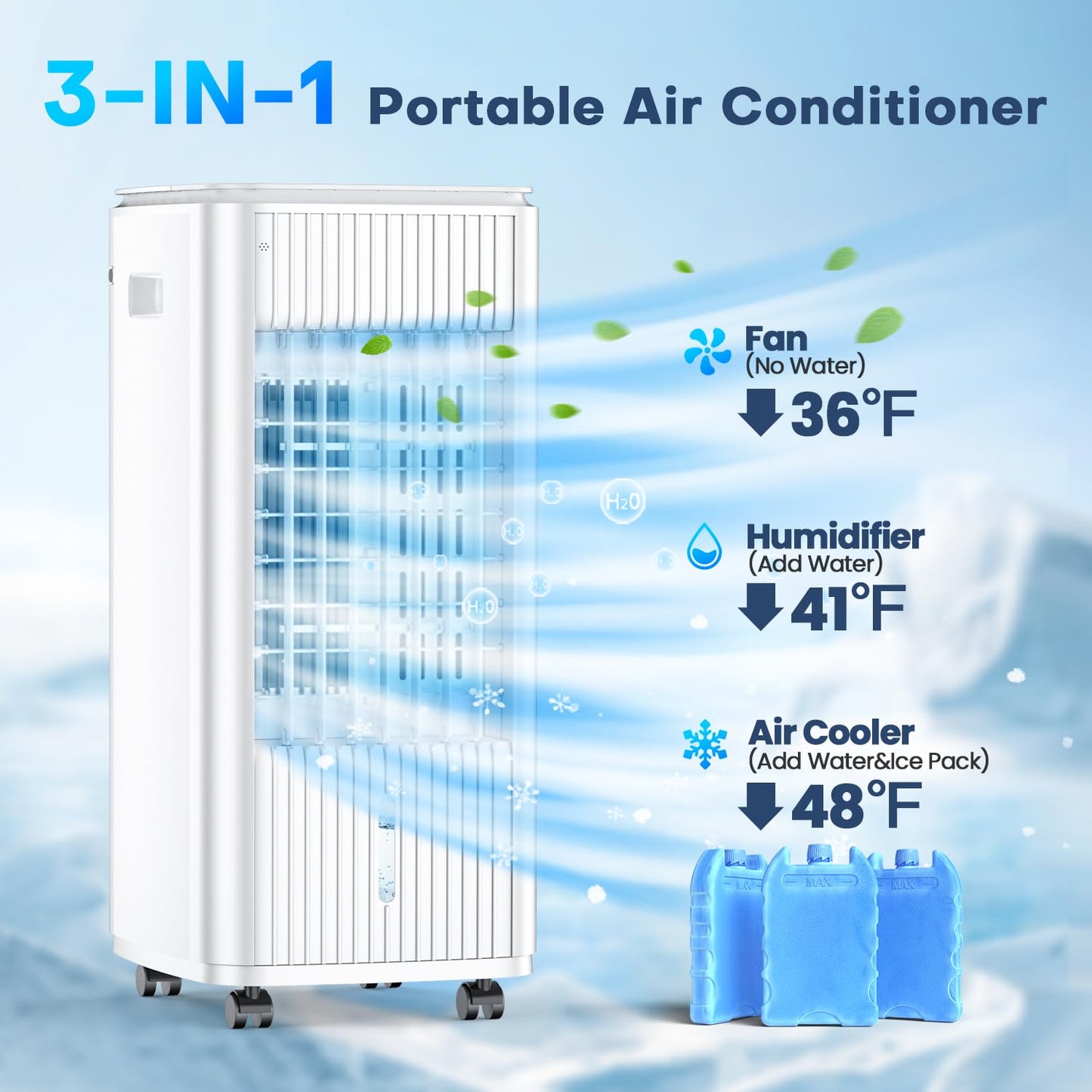 MYICY Evaporative Air Cooler, 25 Inch Swamp Cooler Air Conditioner w/Double Tanks, 7H Timer, 16ft Remote, 3 Ice Packs, 70° Oscillation, 3 Speeds & 2 Modes, 60W Portable Windowless Air Conditioner