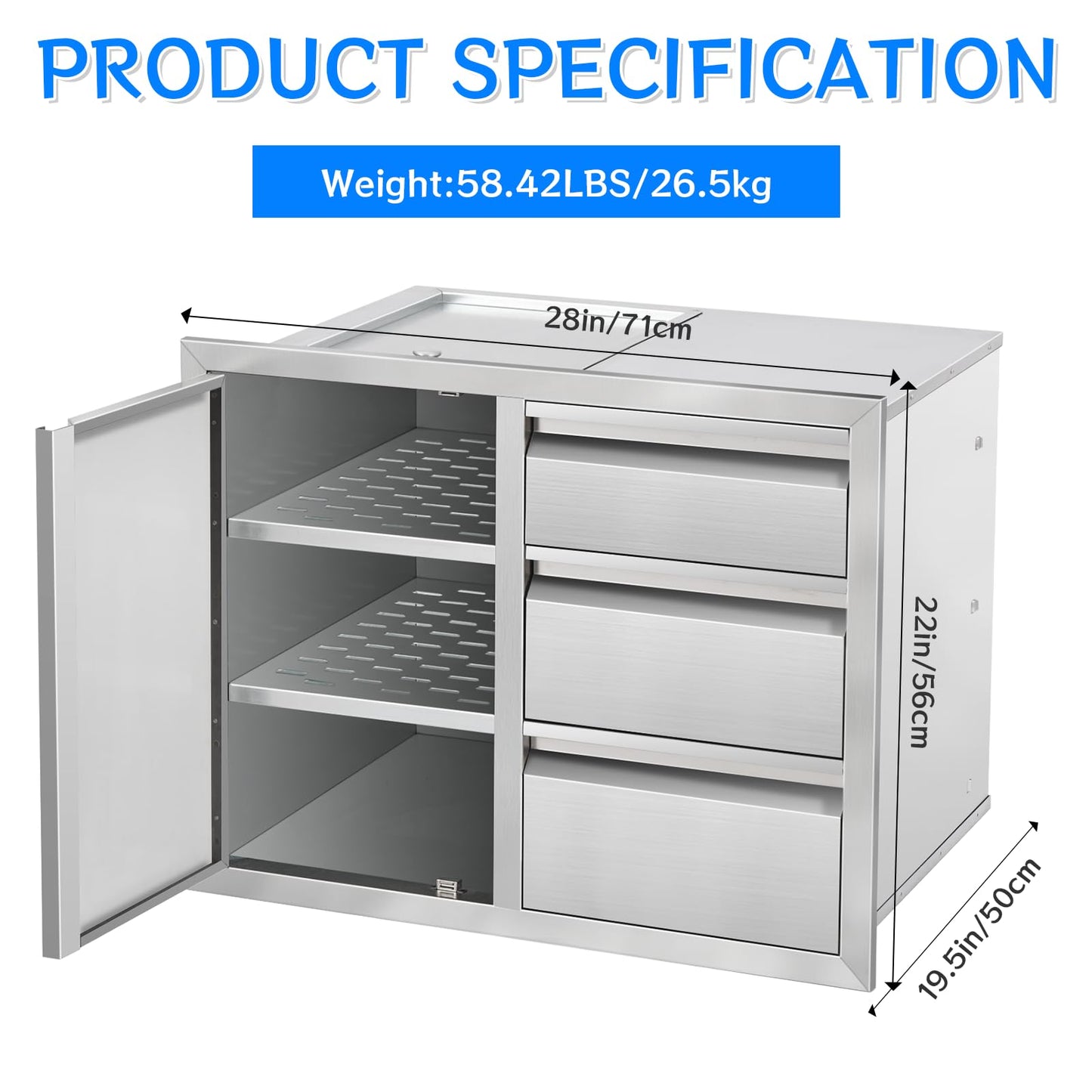 Duluciate Outdoor Kitchen Drawer Combo Cabinet, Stainless Steel Triple Drawers with Integrated Access Door, 28" W x 22" H x 19.5" D Outdoor Built-in Cabinet for BBQ Island Grill Stations