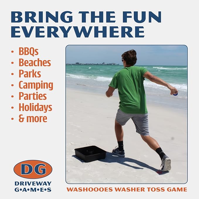 Driveway Games All Weather Washoos Washer Toss Game Set - Portable Outdoor Lawn Games for Adults and Kids, Summer, Camping, Tailgates & Beach – Includes 8 Pitching Rings & Toss Targets