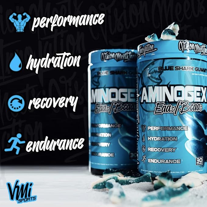 VMI Sports Aminogex Ultra | EAA + BCAA Powder | Amino Acid + Hydration Recovery Drink with Electrolytes, Betaine and Glutamine | (30 Servings) (Blue Shark Gummy)