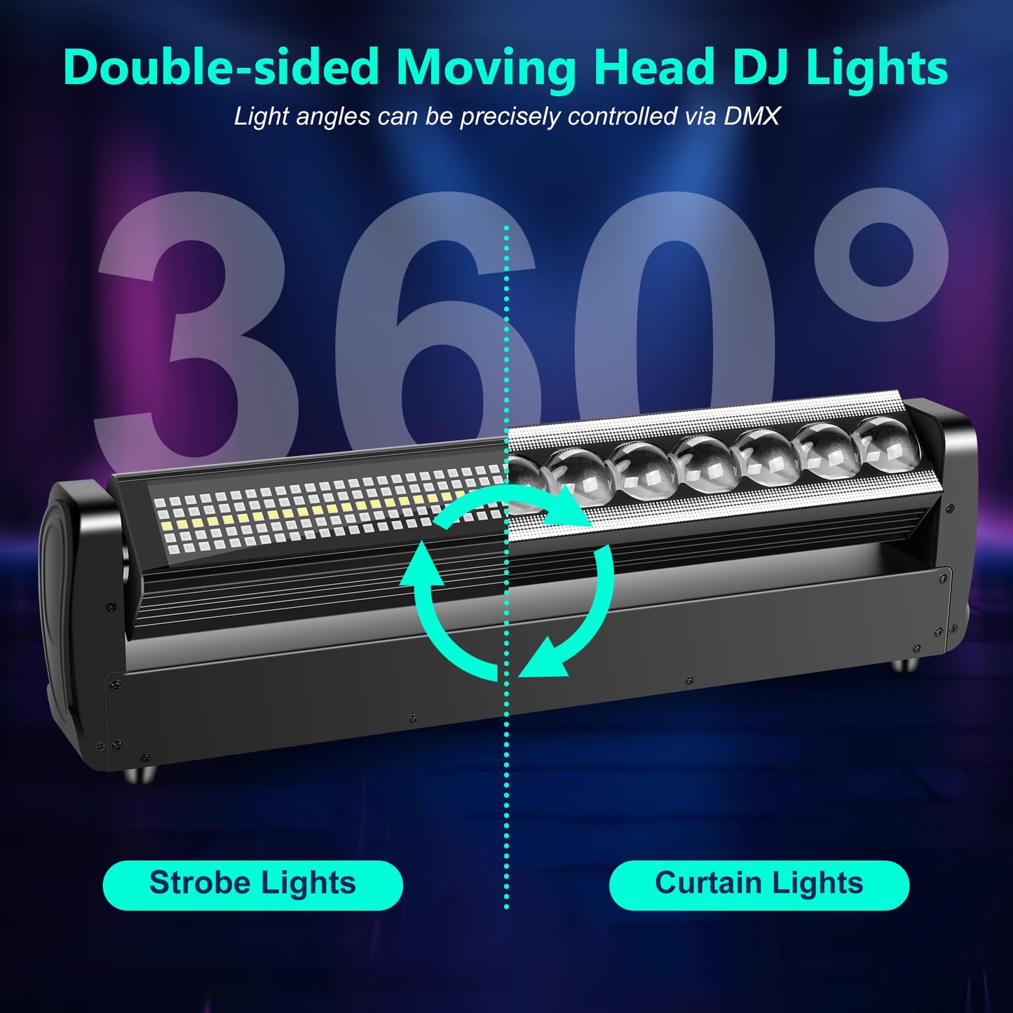 ENDYSHOW Moving Head DJ Light Bar,250W 4IN1 RGBW Wash&Strobe Light Bar 360° Double-Sided Moving Head Stage Lights with DMX512/Sound/RDM Professional DJ Uplights for Party Wedding Band Gig Disco 1Pack