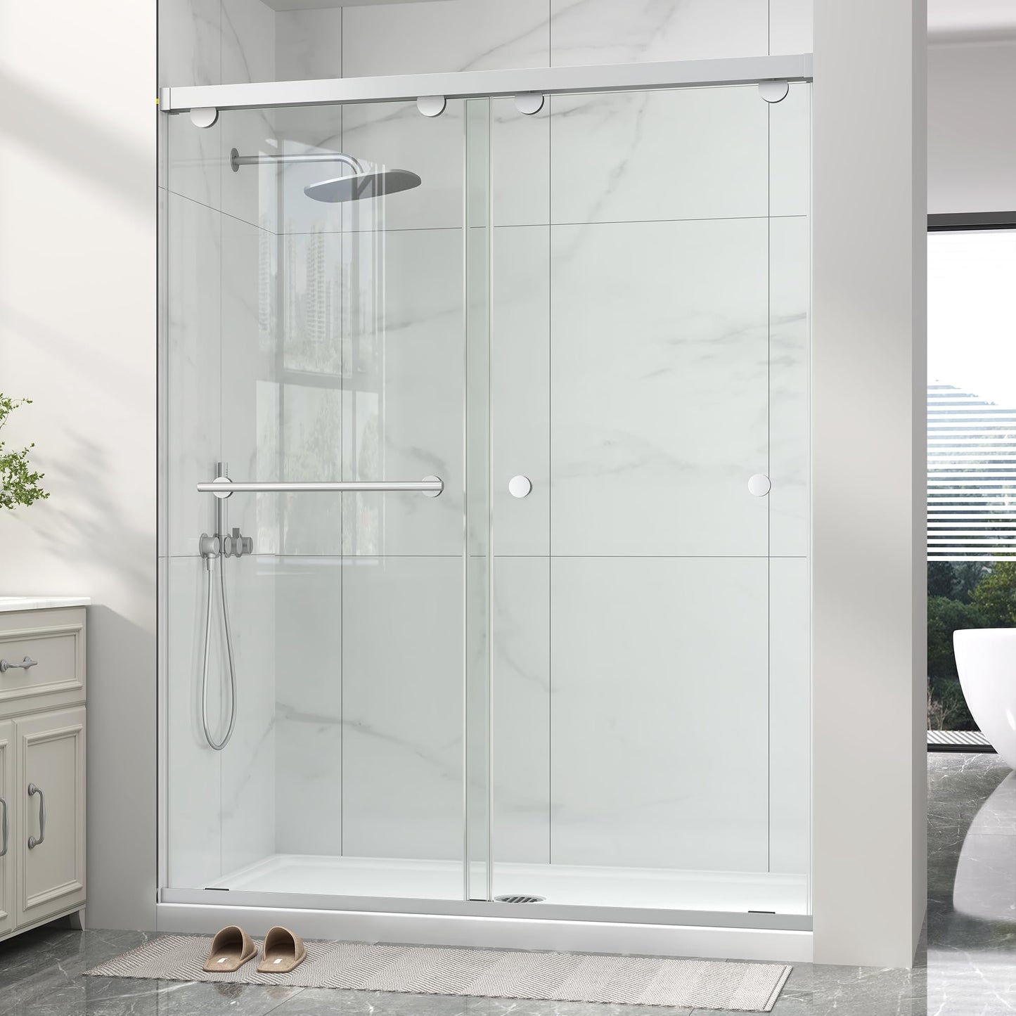 Frameless Shower Door with Soft-Close & Anti-Leak,5/16" (8mm) Double Sliding Shower Door,Nano Coating Anti-Explosion Film SGCC Tempered Glass 43"- 48" W x 76" H,Brushed Nickel