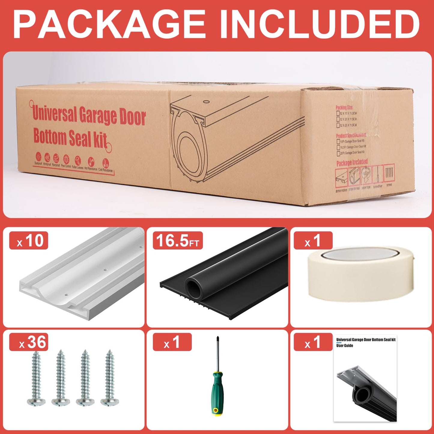 Garage Door Seals Bottom Rubber - Jobon 16.5 Ft Heavy-Duty Garage Door Weather Stripping Bottom Seal with Pre-drilled Aluminum Track Retainer Kit, Easy Installation for Home & Commercial