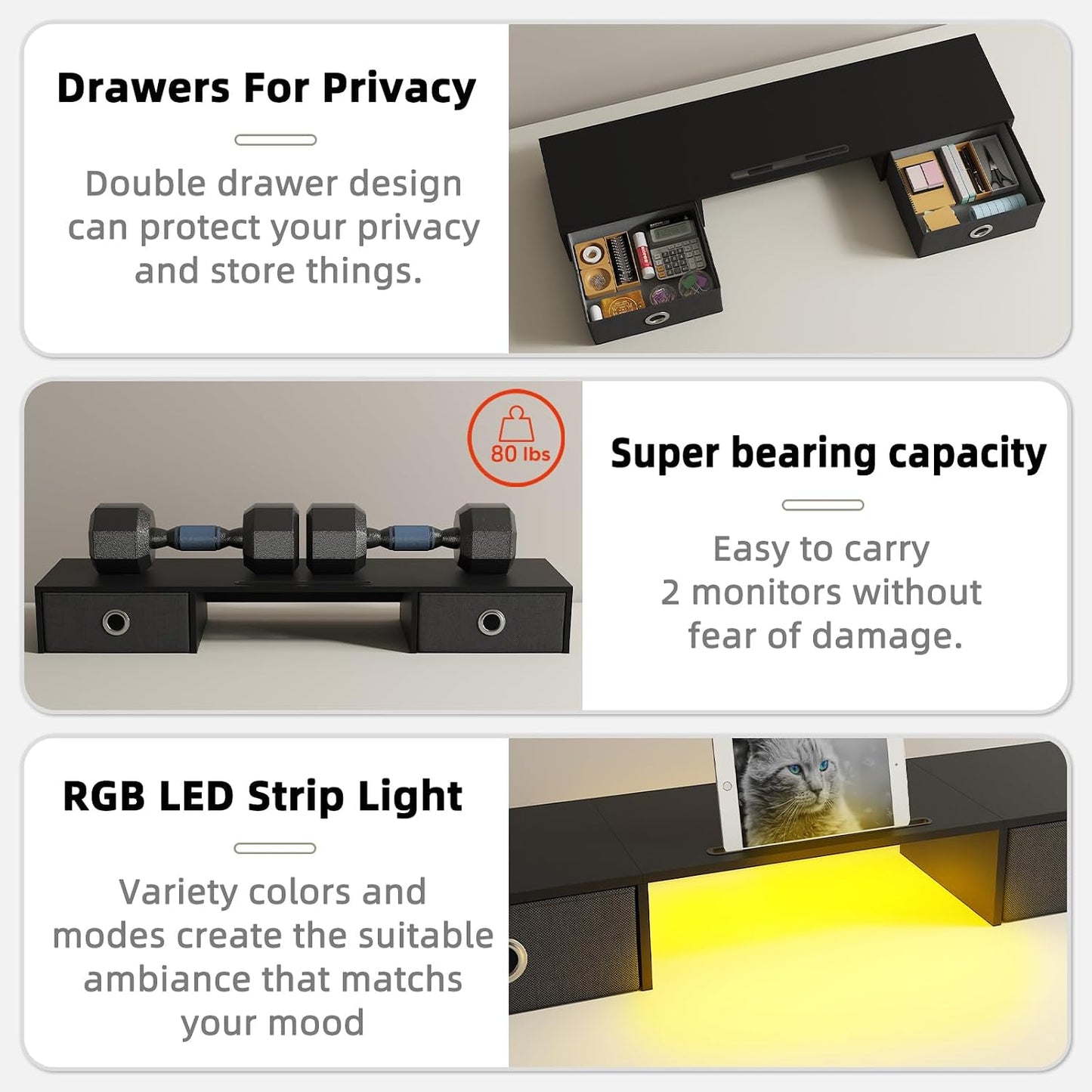 2 2 YAOHUOO Dual Monitor Stand with LED Light Drawers, Computer Monitor Riser for Monitors, Large Desktop Organzier