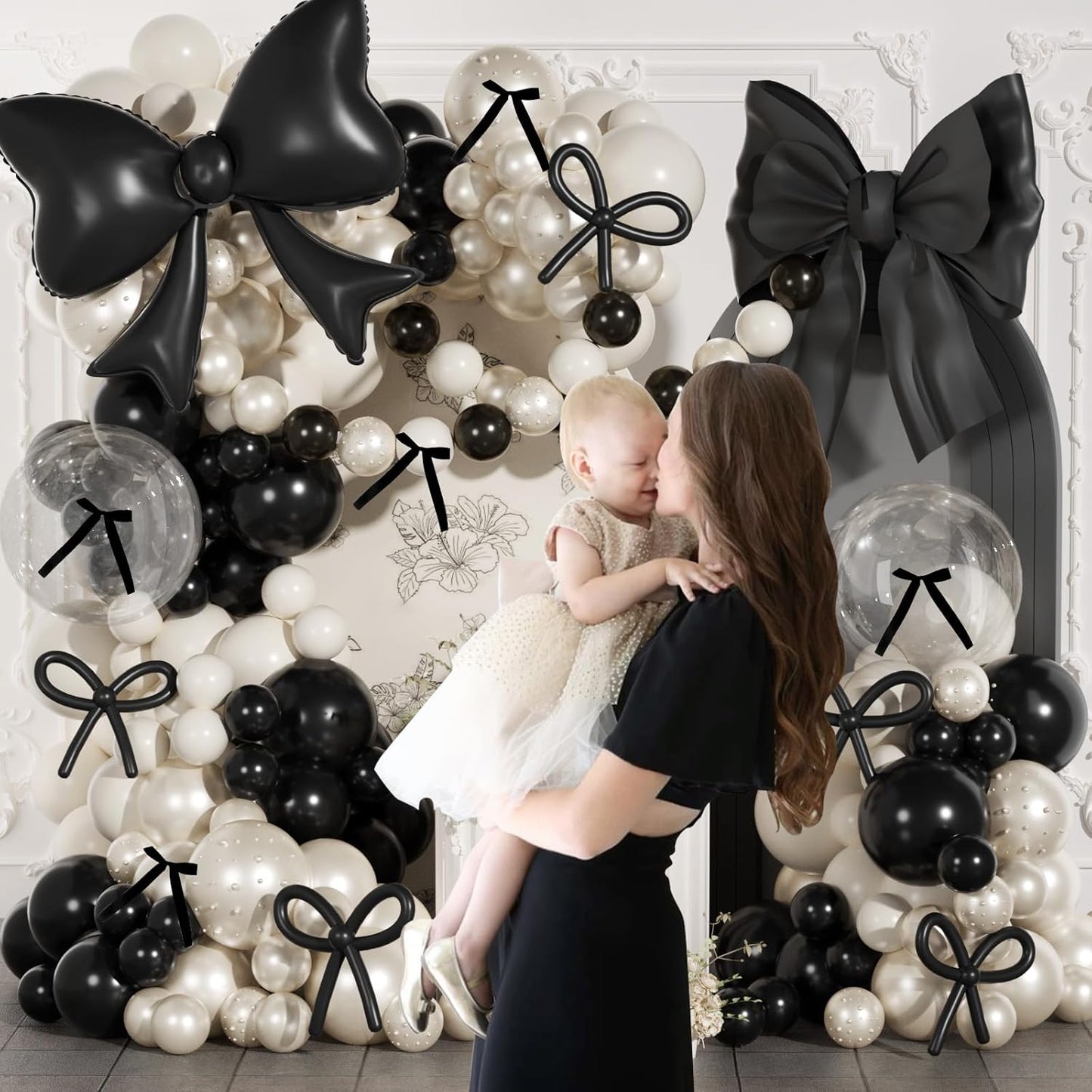Skiennix Black Bow Birthday Decorations - 187Pcs Balloon Arch Kit with Pearl Balloons & Ribbons