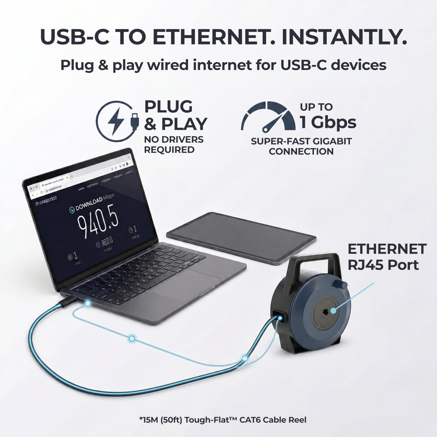 EXTNGO USB-C (Type-C) to Ethernet Cable Reel, 50Ft (15M) CAT6 Tough-Flat™, Up to 1 Gbps, Plug & Play, Truck-Pass Safe, Retractable Cable for Temporary Setups