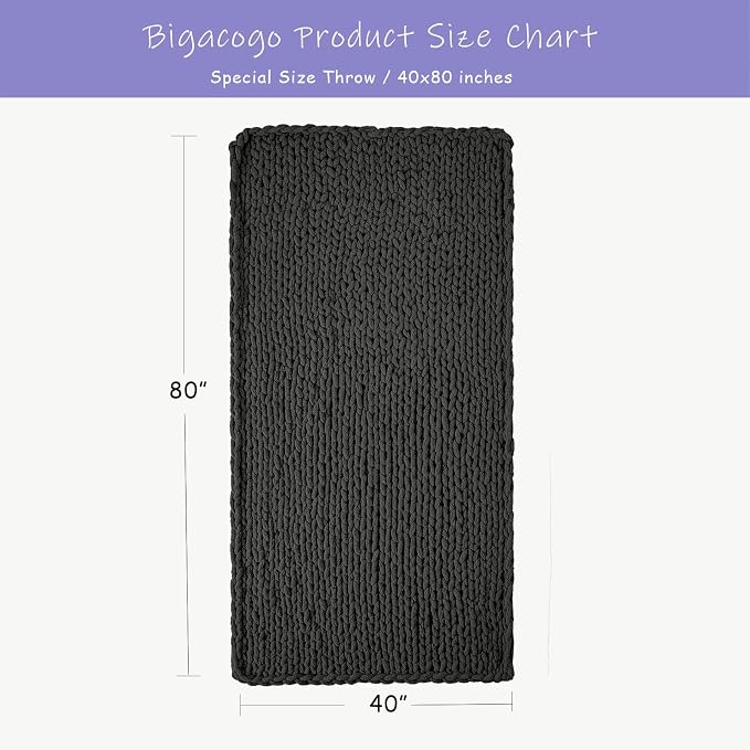 Bigacogo Chunky Knit Throw Blanket for Couch, 40x80 inches, 100% Hand Knitted with Thick Jumbo Chenille Yarn, Cozy Soft Large Rope Knot Cable Crochet Blankets for Sofa Bed Living Room, Dark Grey