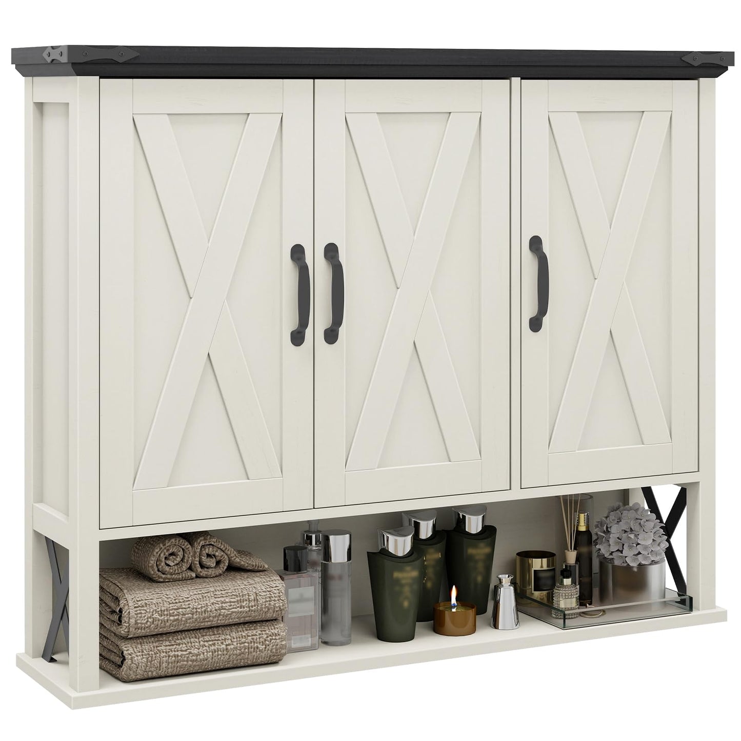 Halitaa Bathroom Wall Cabinet, Farmhouse Medicine Cabinet with Adjustable Wood Shelf & 3 Doors, Over The Toilet Storage Cabinet for Wall Mounted for Bathroom Laundry Room Kitchen, White and Black