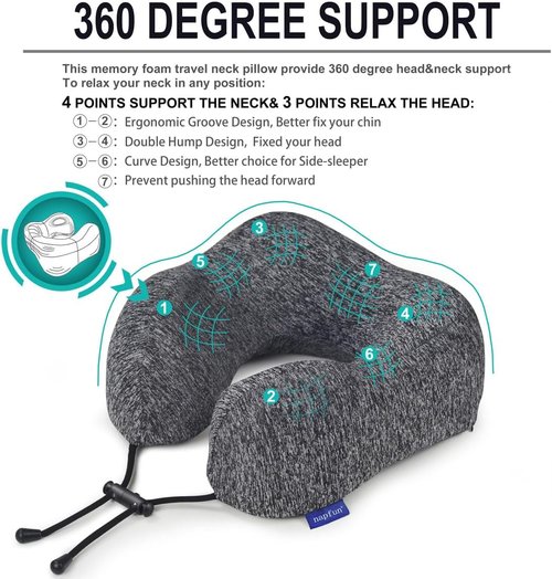 Napfun Travel Neck Pillow - Upgraded 100% Pure Memory Foam for Airplane Comfort | Portable Grey Headrest