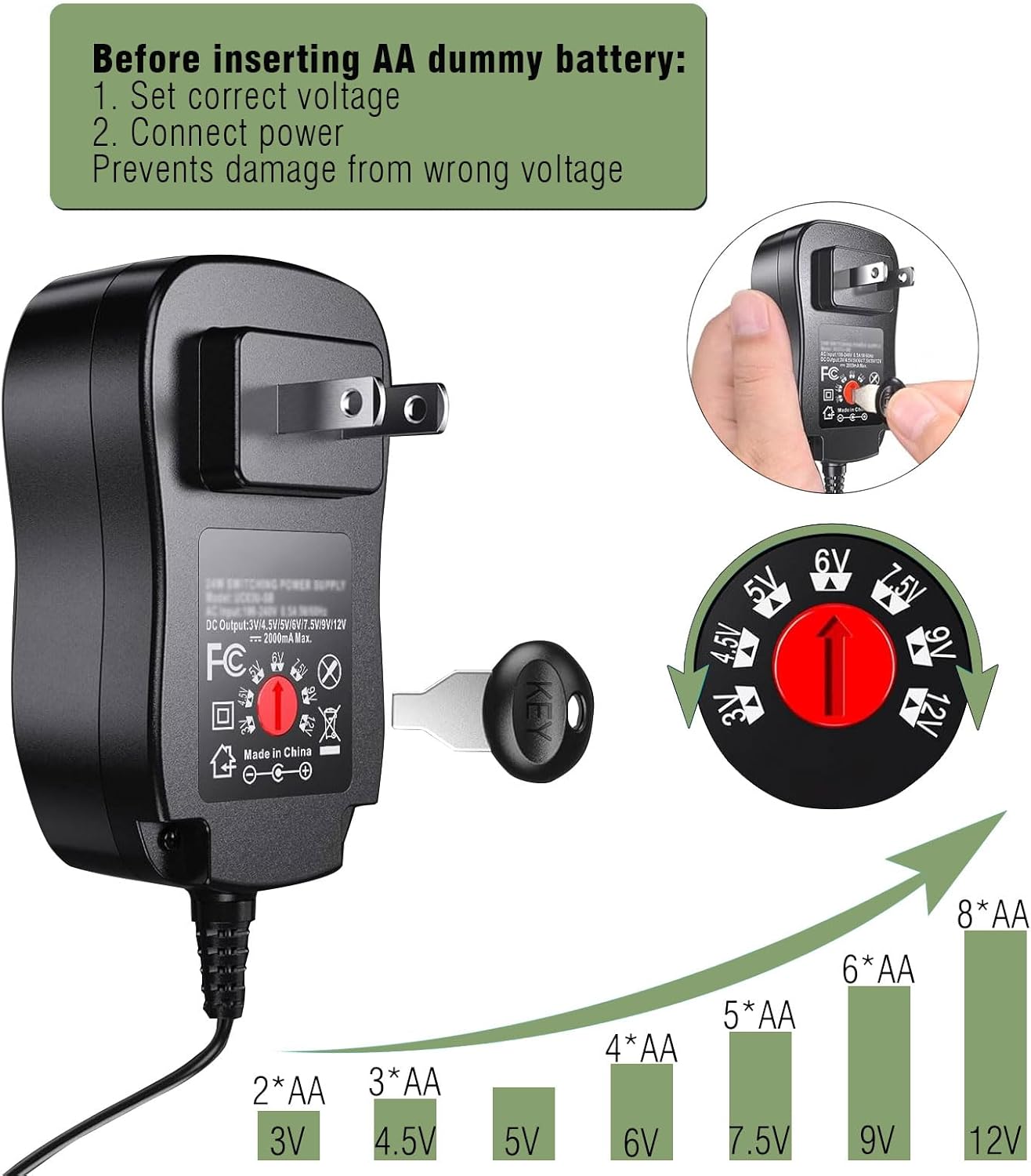 QUZOC Dummy 8 Adjustable AC Continuous Power Supply Adapter AA Battery kit (Replace up to AA Battery)