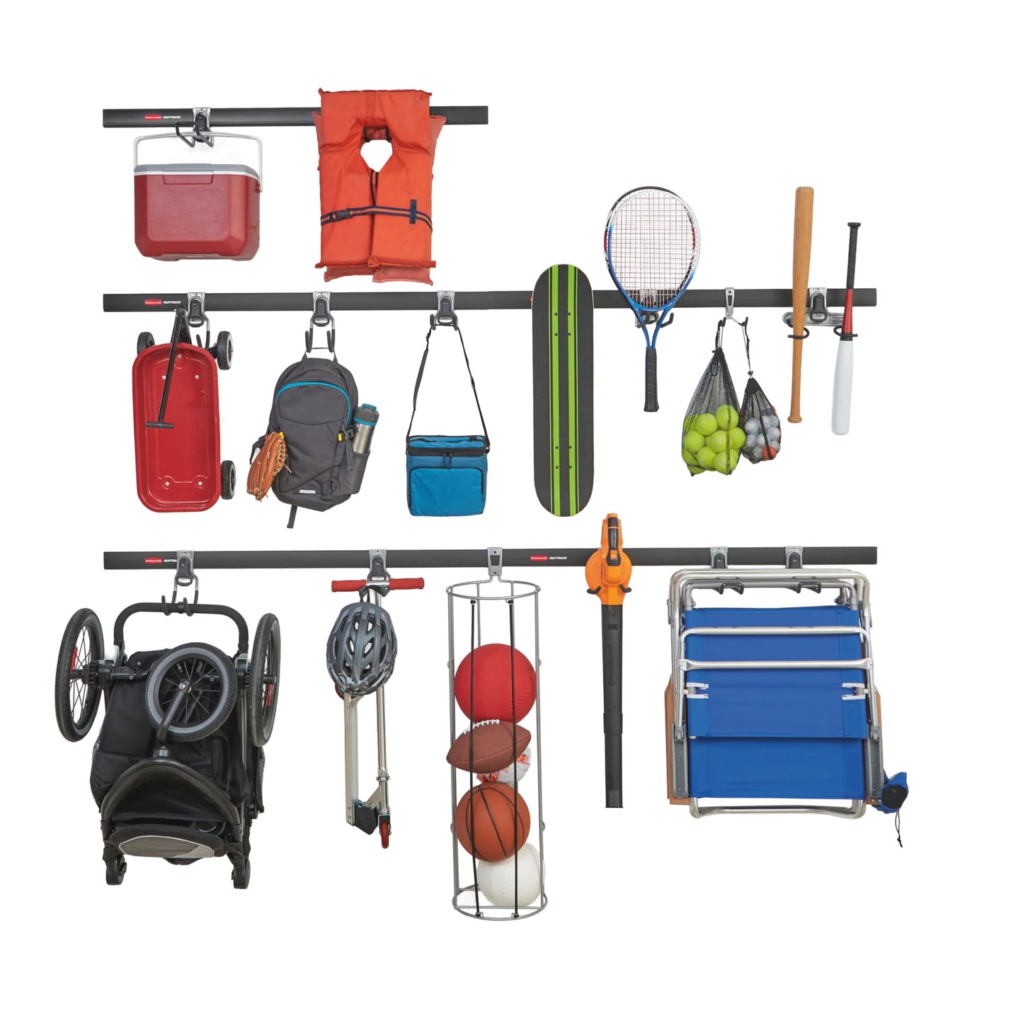Rubbermaid 20-Piece FastTrack Garage Wall-Mounted Storage Kit 5 Rails and 15 Hooks for Home/House/Tool/Sports/Utility Purposes