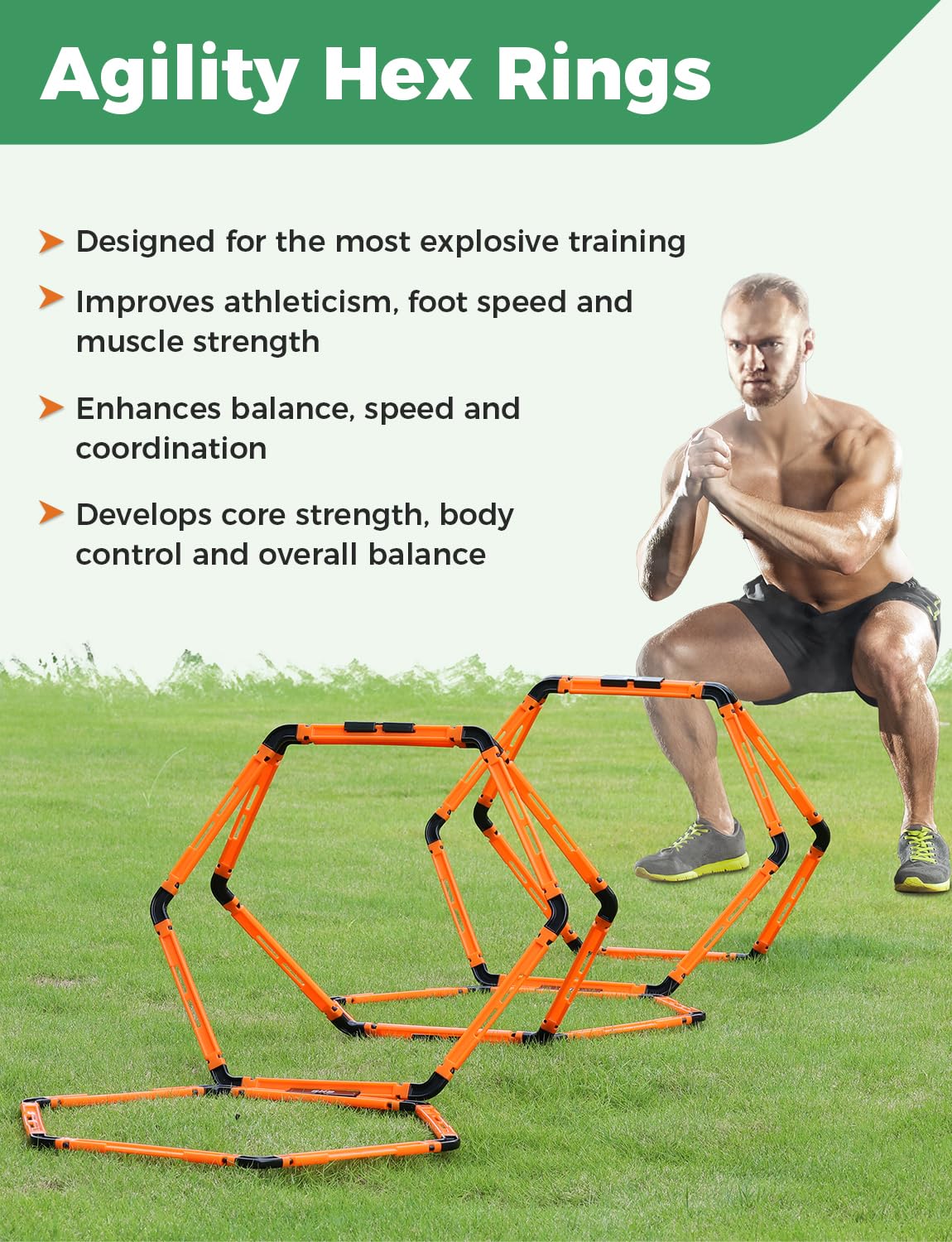 GHB Hex Agility Rings Speed Rings with Carrying Bag 6 Set Portable Hexagon Rings, Agility Ladder for Agility Footwork Training (Orange)