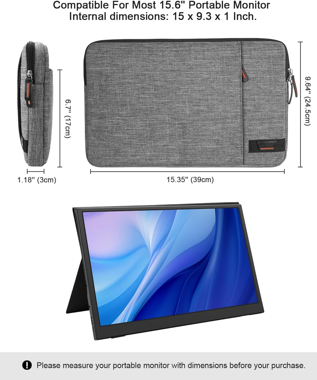 Losong 16.1 Inch,Protective 15.6-16.1" 2 Pocket,Size-15.7"x10.2",Gray Portable Monitor Case Padded Sleeve Compatible