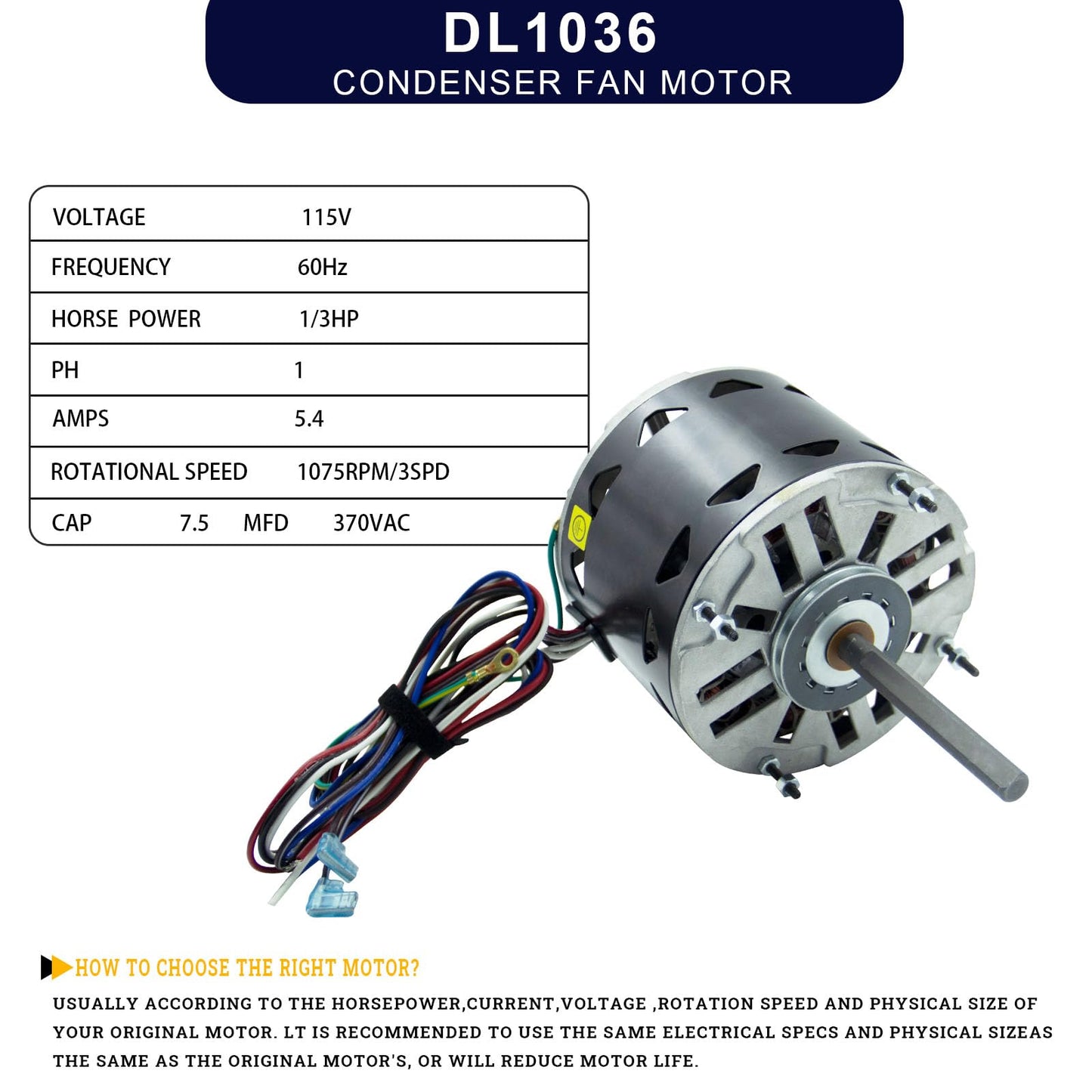 SEAHEE DL1036 Blower Fan Motor,1/3 HP, 1075 RPM, 3 Speed, 115V, Compatible w/A.O. Smith, Fasco, GE, Emerson & Dayton,DL1036 Model,48 Frame Motor