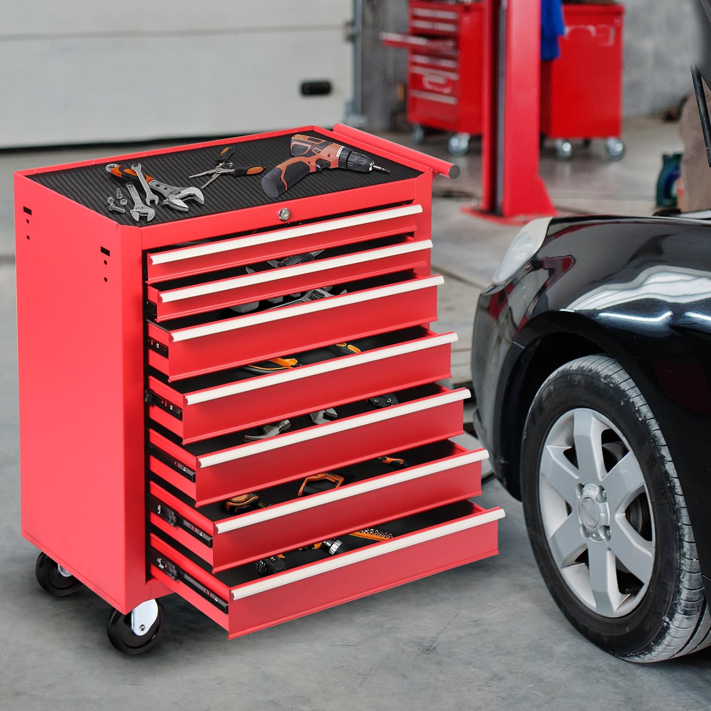 Rovibek 7-Drawer Rolling Tool Chest with Wheels, Lockable Metal Tool Box for Garage Workshop Warehouse, Large Capacity Tool Storage Cabinet, Heavy-Duty Tool Chest with Drawers, Red