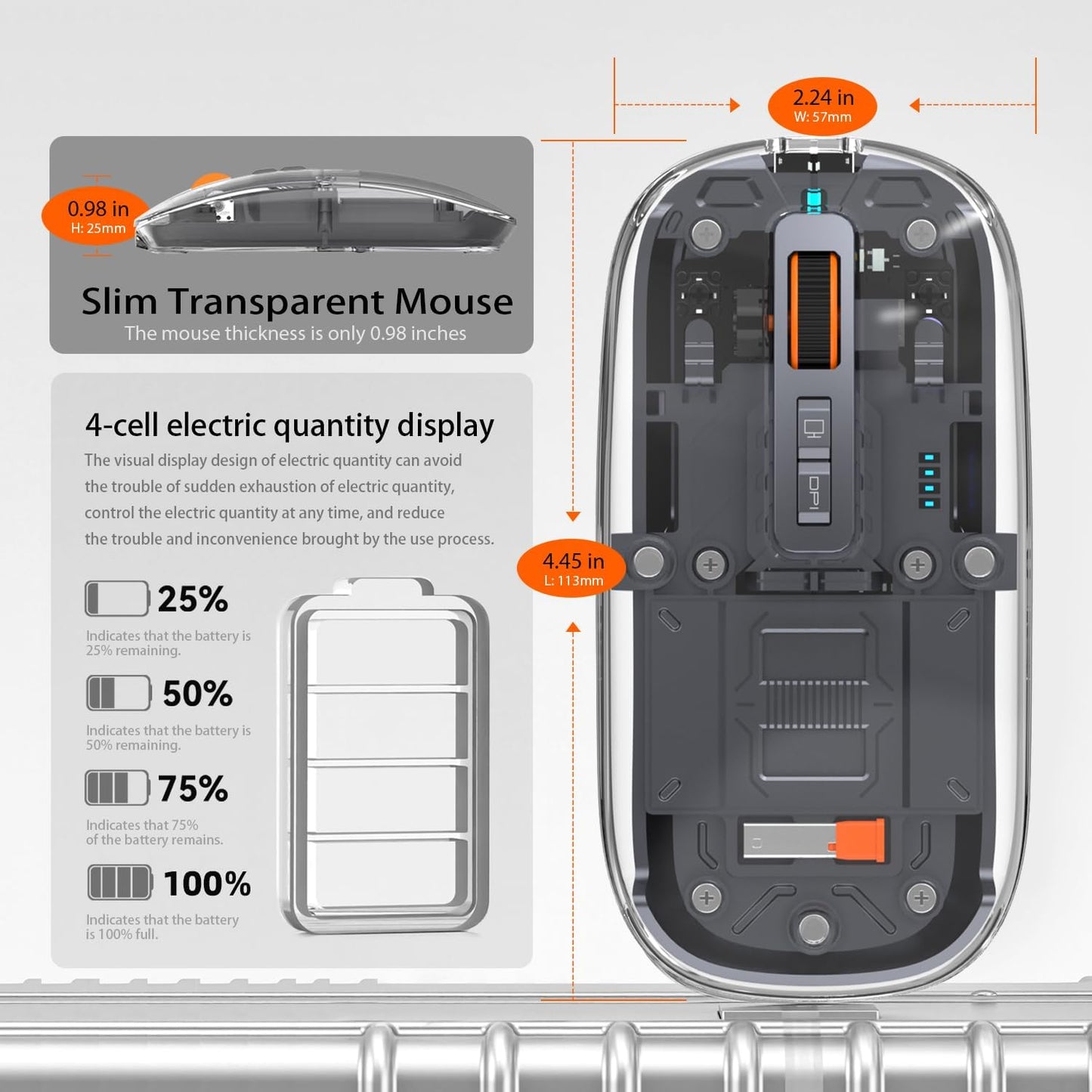 FMOUSE 3-Mode Sleek Transparent Magnetic Wireless Mouse - Connectivity (Dual Bluetooth + USB), DPI Adjust & One-Key
