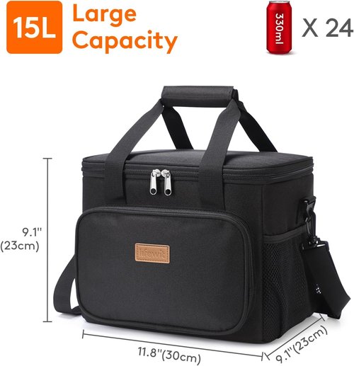 Lifewit Insulated Lunch Bag - Large Soft Cooler Tote for Adults | Black 24-Can Capacity (15L)