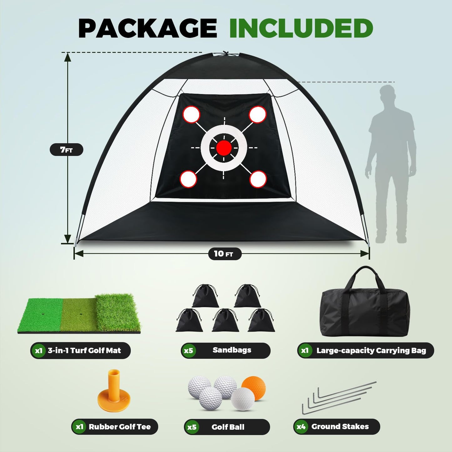 Golf Net 10x7FT All-in-One with Tri-Turf Practice Mat, Ball, Target & Carry Bag, Backyard & Indoor Outdoor Golf Hitting Net for Driving, Chipping, Swing Training, Golf Gift for Men, Dad, Him, Golfer
