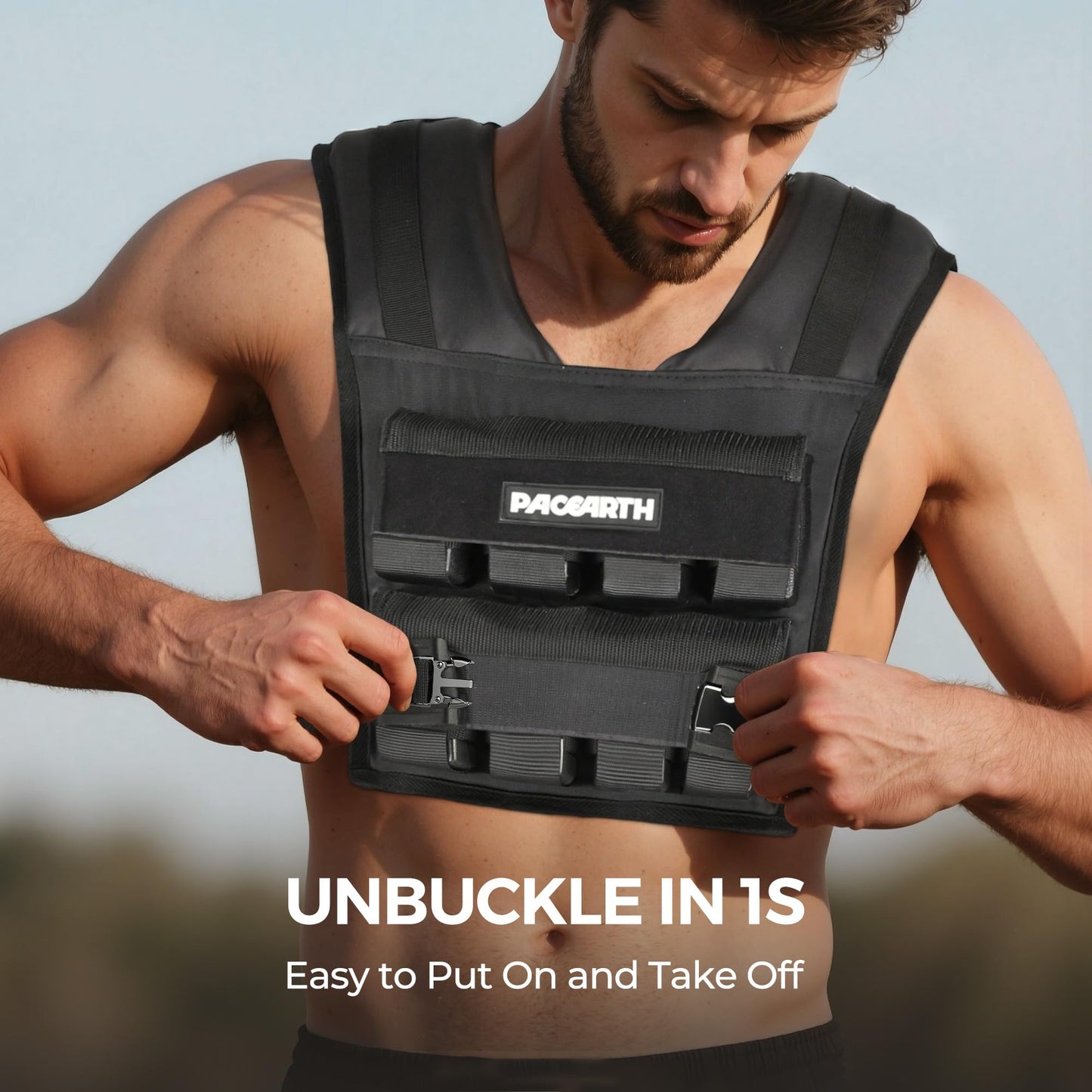 PACEARTH Adjustable Weighted Vest for Men, PACEARTH Heavy Duty Weight Vest with 20 Adjustable Iron Blocks for Hardcore Strength Training, Crossfit, and Running, Black, 44LBS