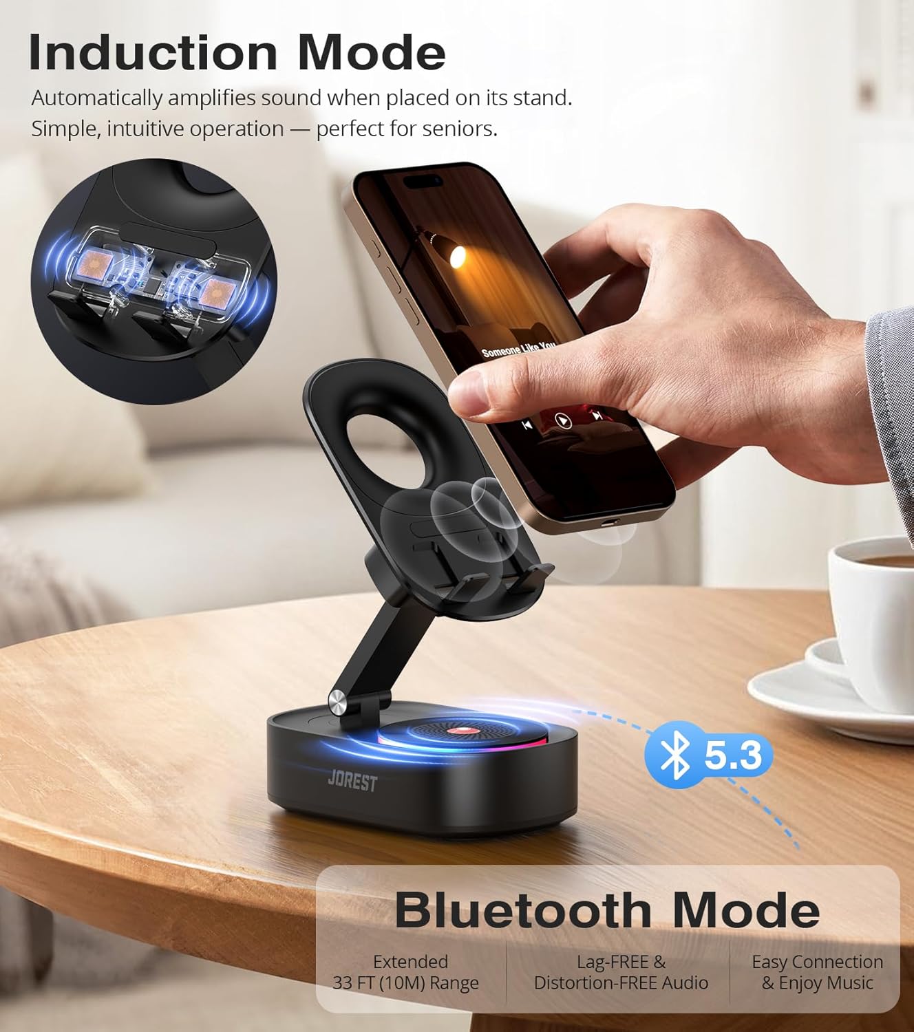 Jorest Wireless Induction Speaker,Cell Phone Stand with Bluetooth Speaker,Valentine's Gifts for Older Men Women Teenage