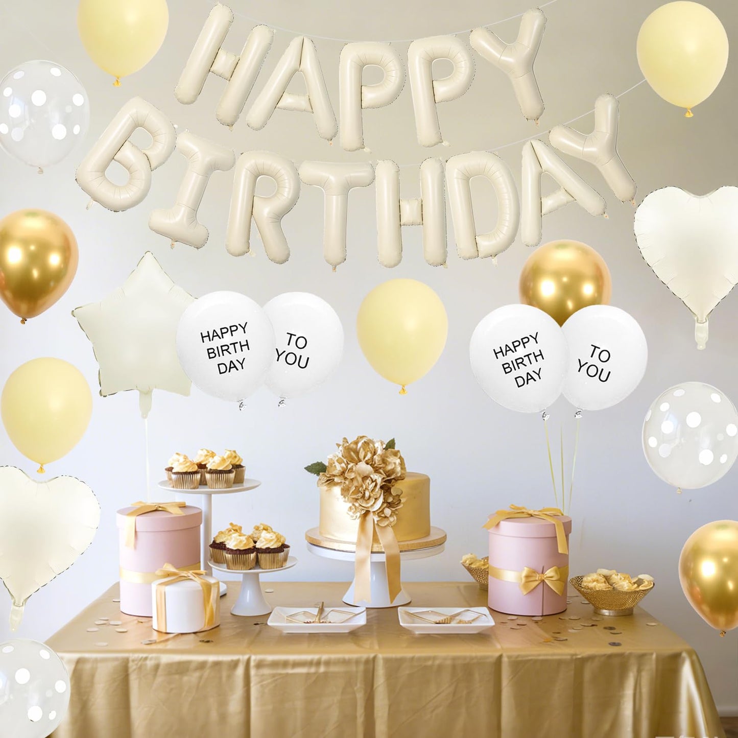 Pastel Yellow Birthday Decorations,Happy Birthday Banner with Heart Star Foil Balloons,Macaron Yellow Gold Sand White Clear Printed Balloons for Men Women Birthday Party Decor